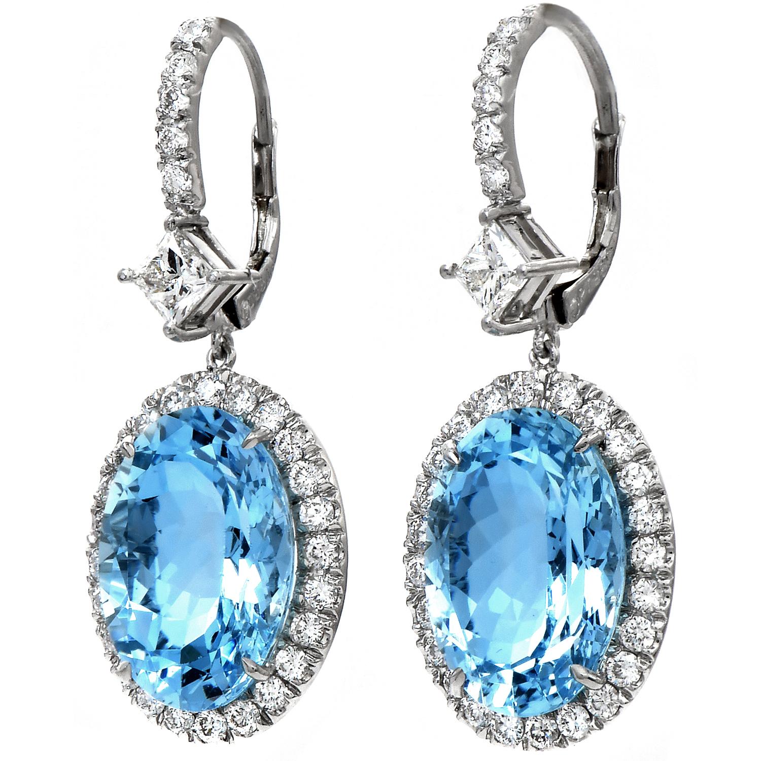Women's 1980s GIA Aquamarine Diamond Platinum Dangle Drop Pendant Earrings For Sale