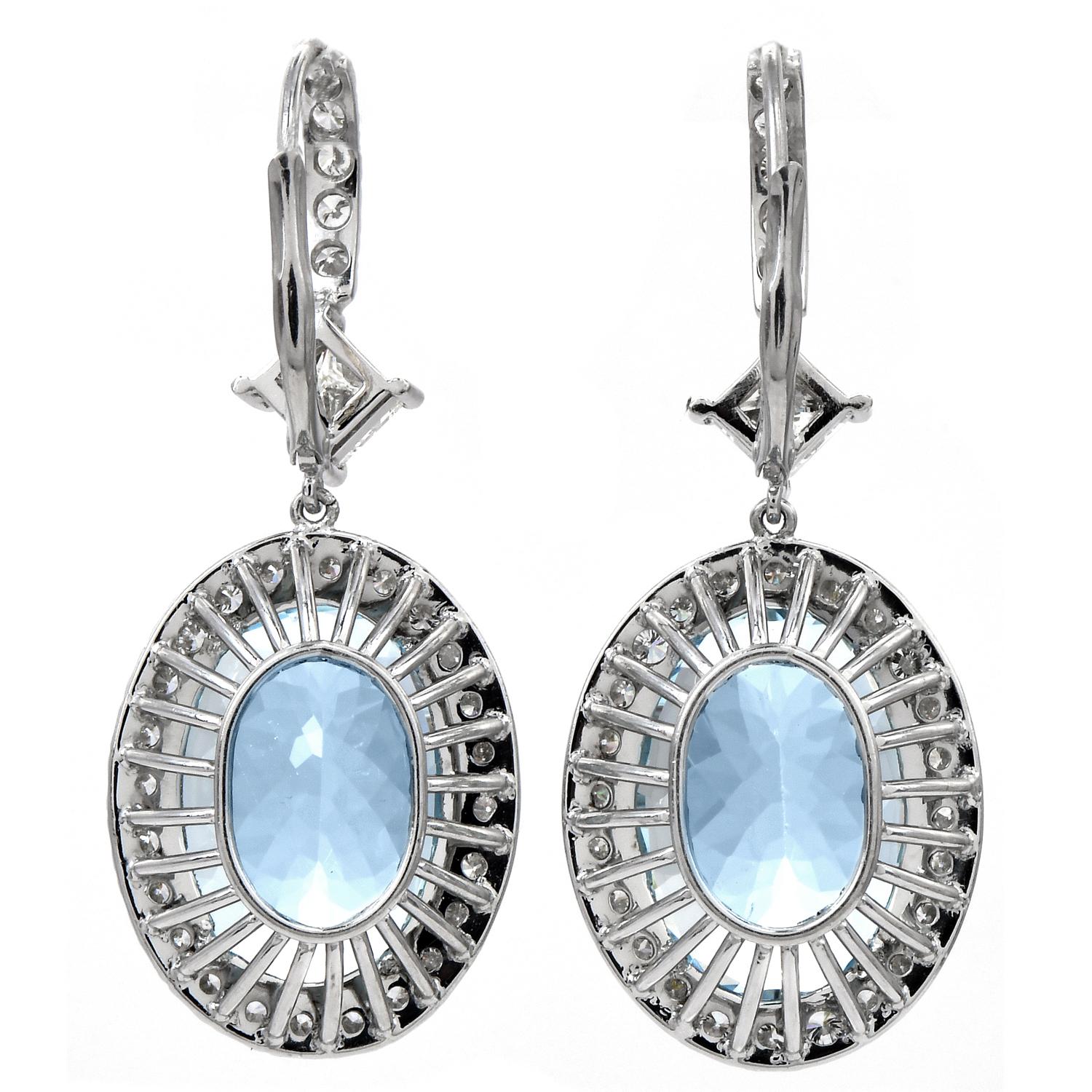 1980s GIA Aquamarine Diamond Platinum Dangle Drop Pendant Earrings For Sale 1