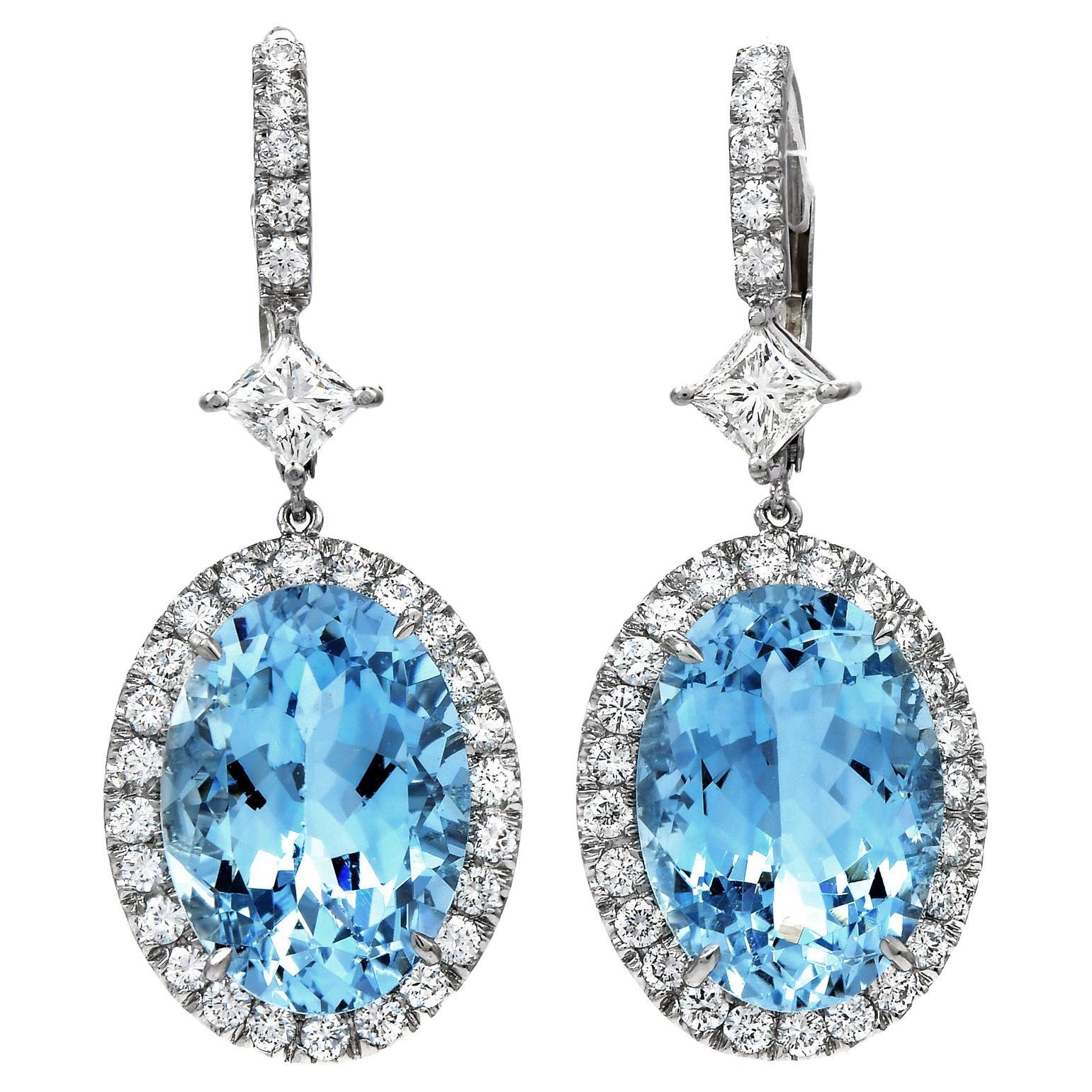 1980s GIA Aquamarine Diamond Platinum Dangle Drop Pendant Earrings For Sale
