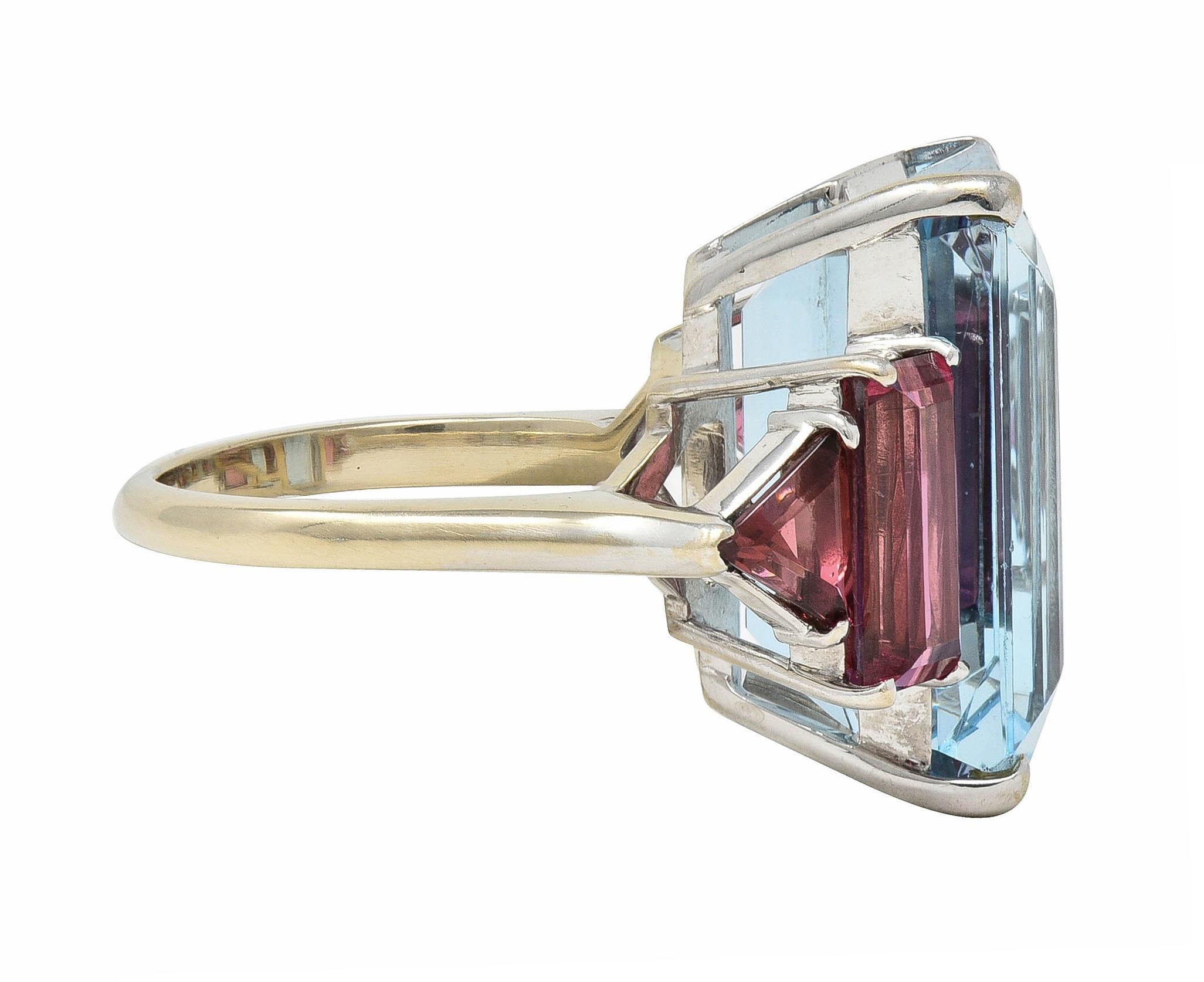 Emerald Cut 1980's Aquamarine Tourmaline 18 Karat White Gold Vintage Cocktail Ring For Sale