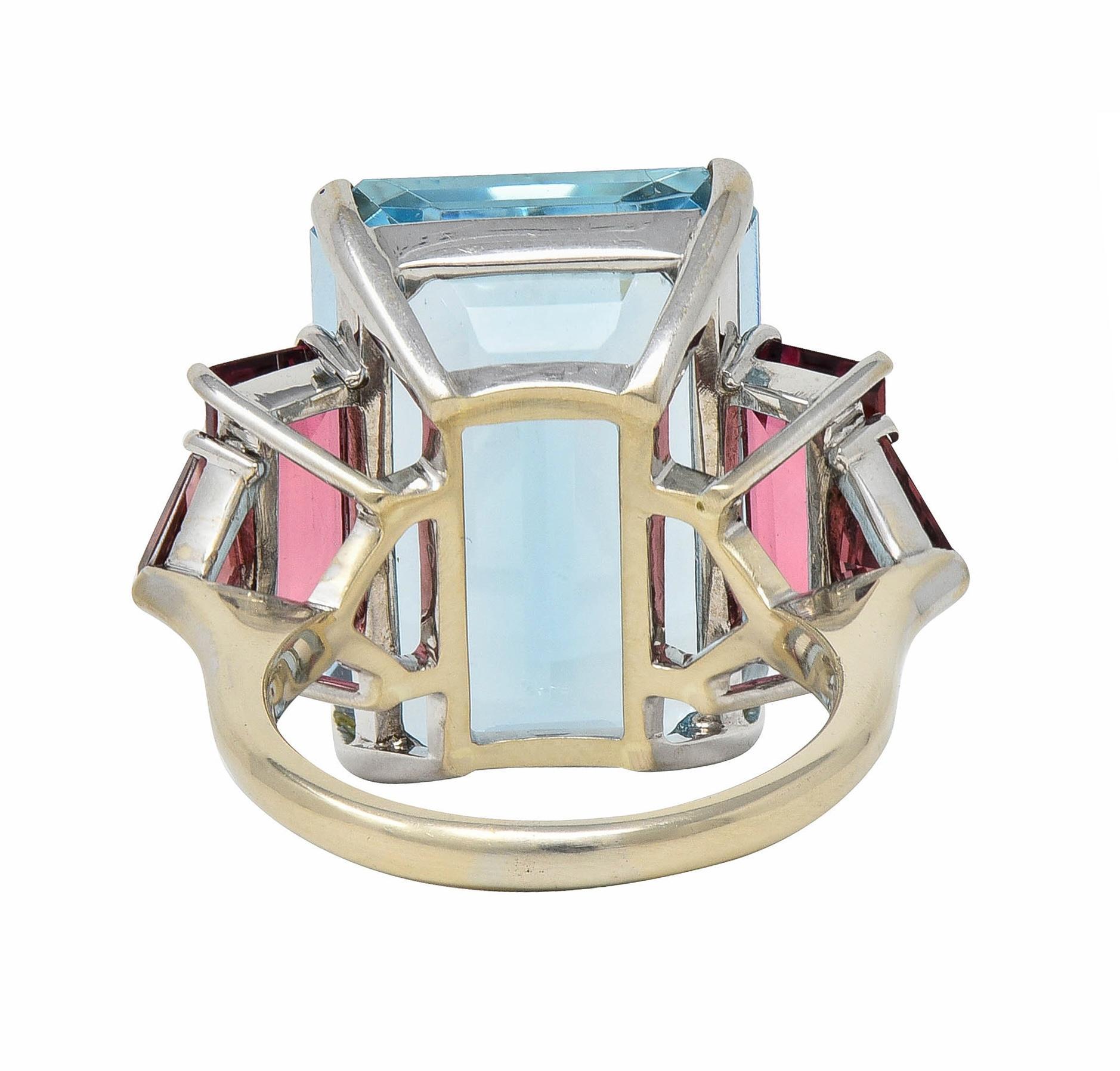 1980's Aquamarine Tourmaline 18 Karat White Gold Vintage Cocktail Ring In Excellent Condition For Sale In Philadelphia, PA