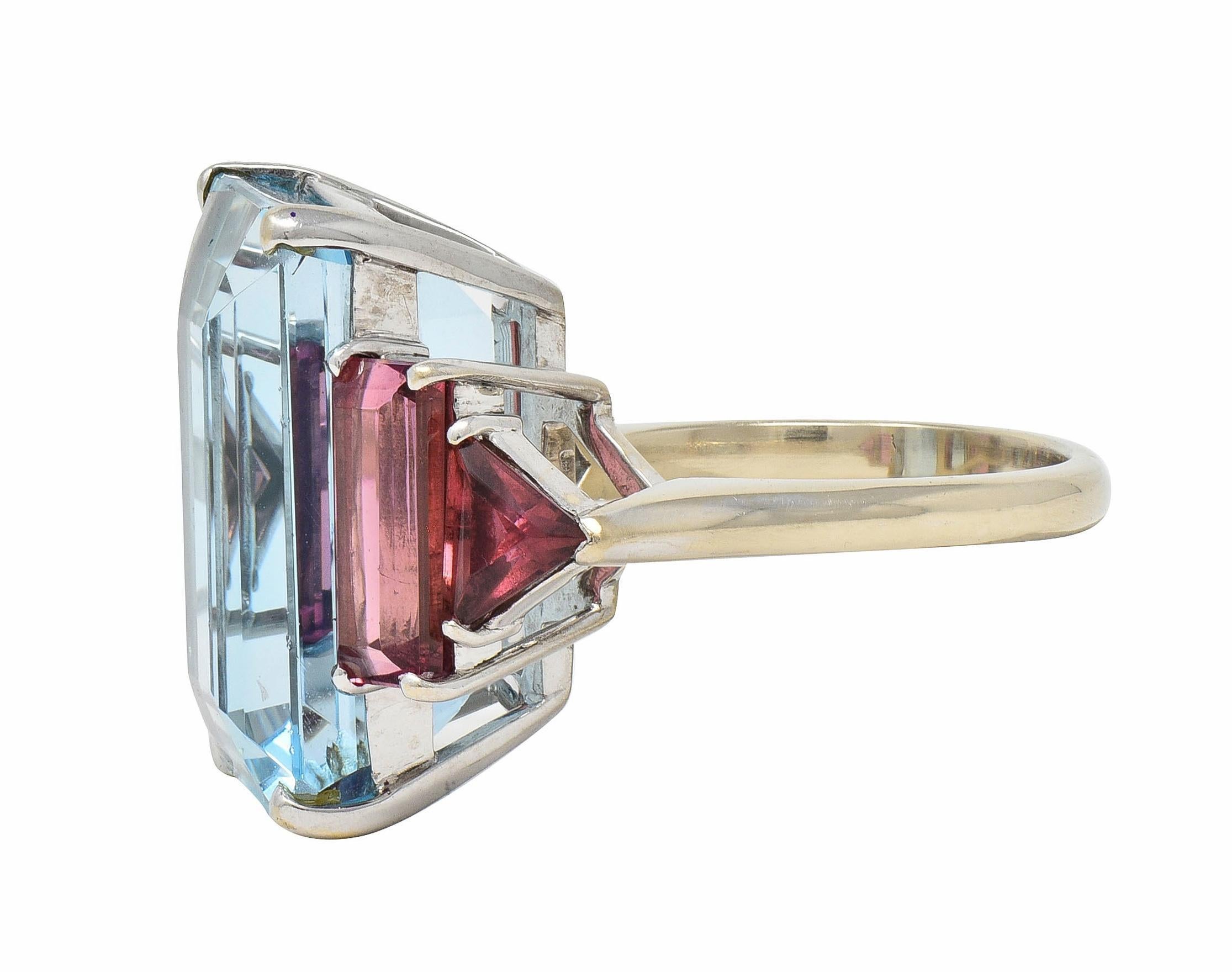 Women's or Men's 1980's Aquamarine Tourmaline 18 Karat White Gold Vintage Cocktail Ring For Sale