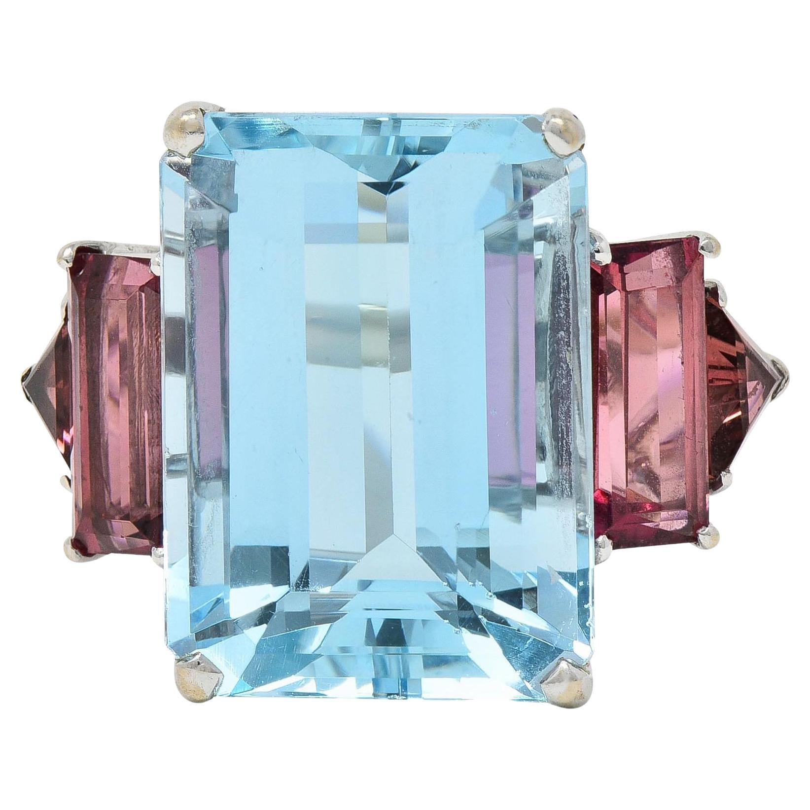 1980's Aquamarine Tourmaline 18 Karat White Gold Vintage Cocktail Ring