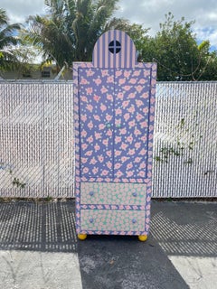 1980s Mackenzie Child Style Hand Painted Floral Stripes Wardrobe Storage Cabinet