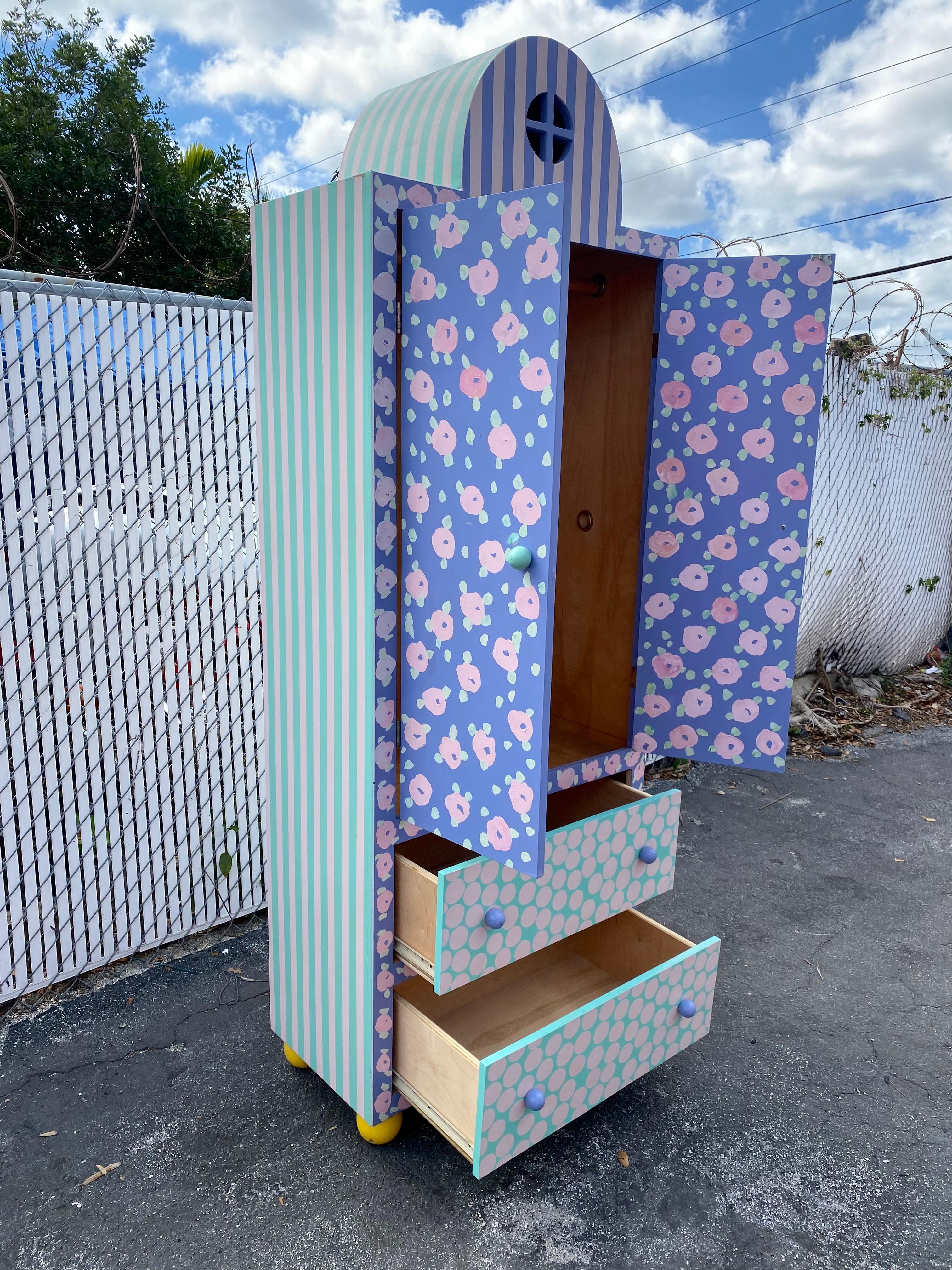 1980s Mackenzie Child Style Hand Painted Floral Stripes Wardrobe Storage Cabinet In Good Condition For Sale In Fort Lauderdale, FL