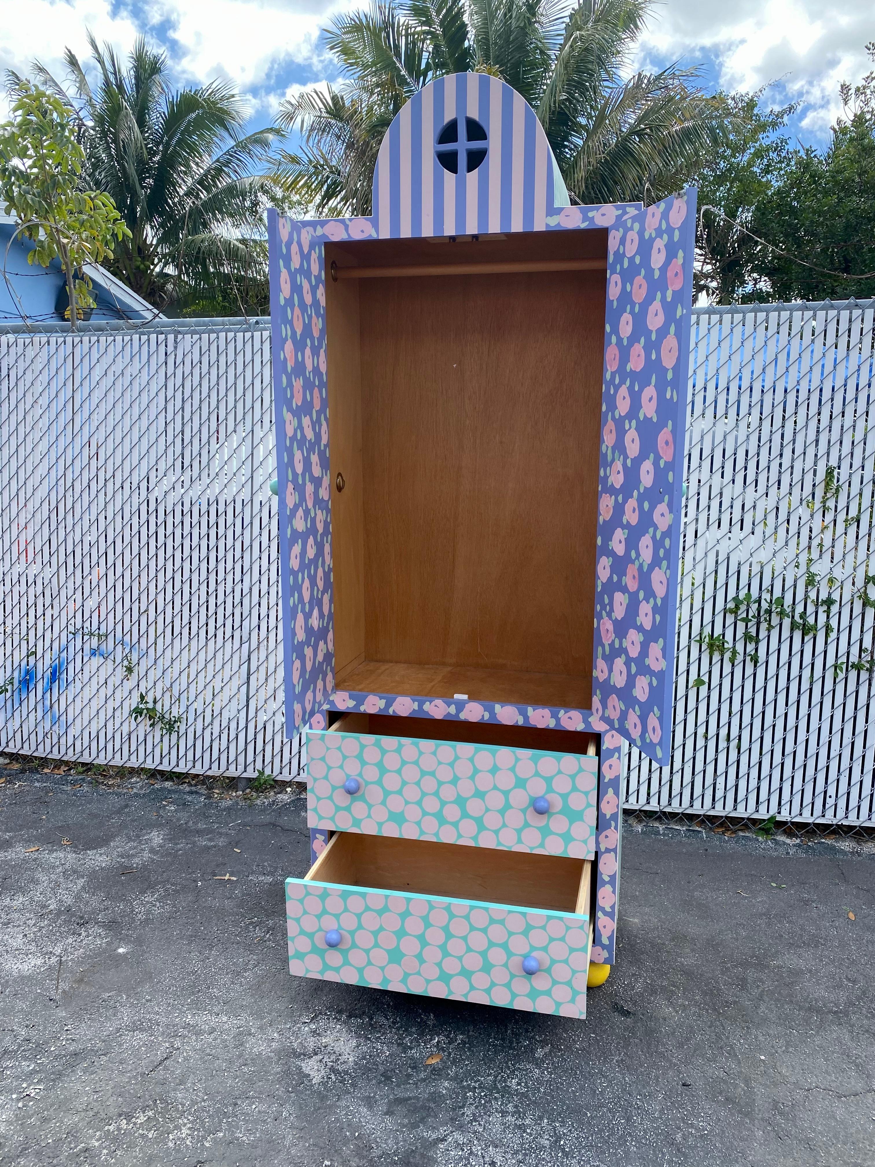 Wood 1980s Mackenzie Child Style Hand Painted Floral Stripes Wardrobe Storage Cabinet For Sale