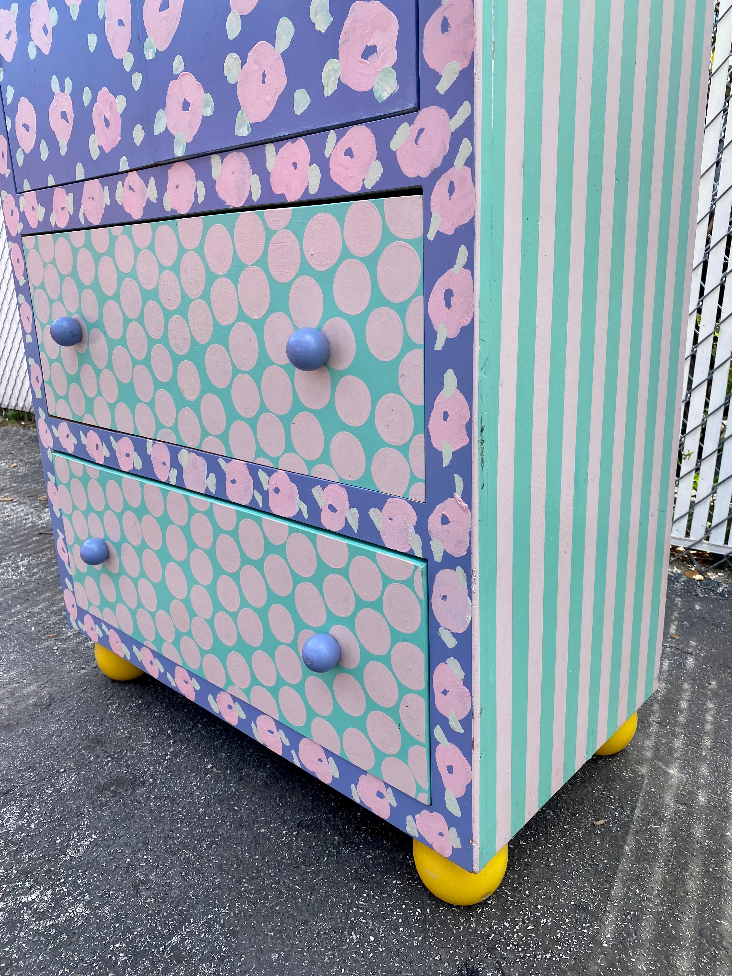 1980s Mackenzie Child Style Hand Painted Floral Stripes Wardrobe Storage Cabinet For Sale 2