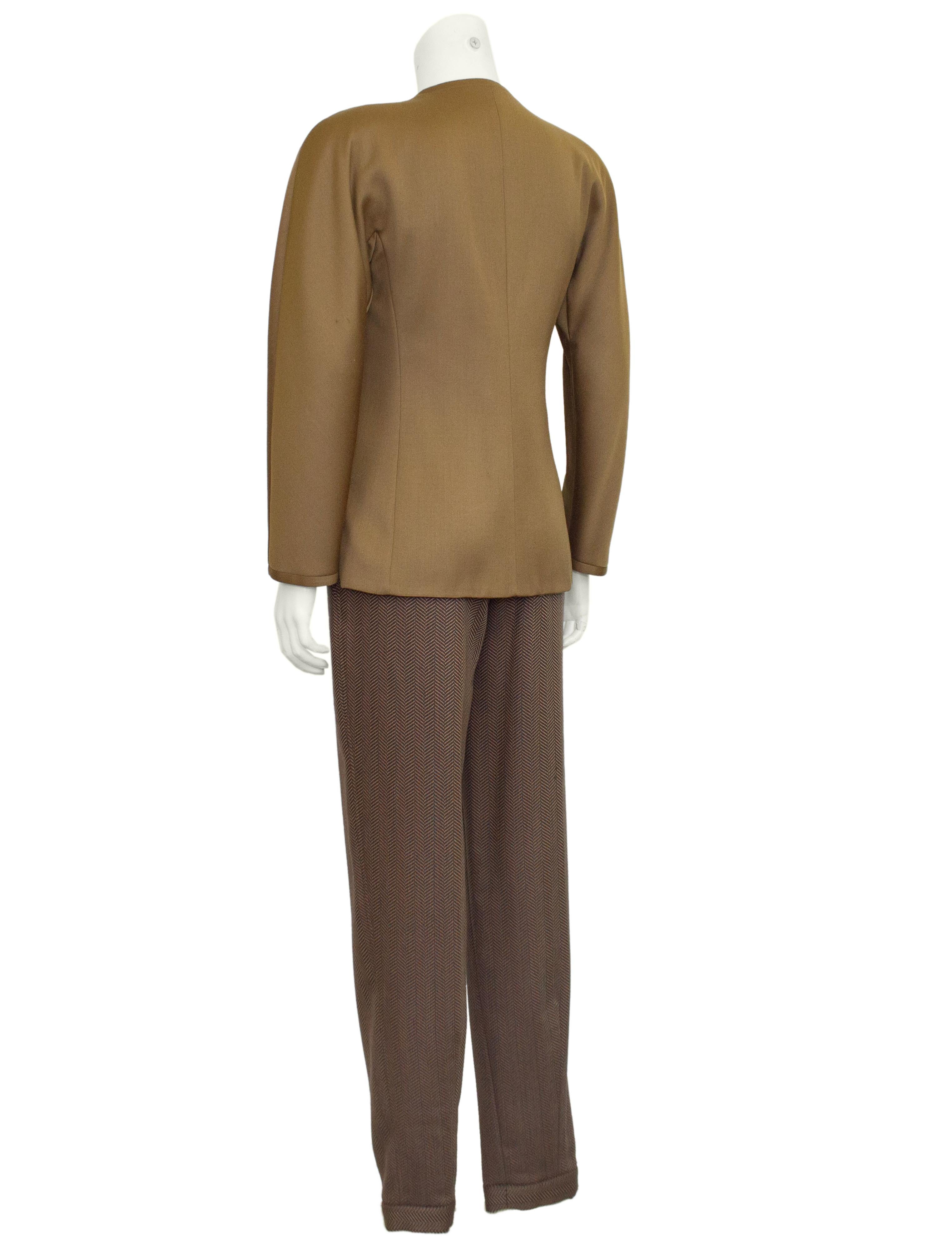 1980s Armani Brown Collarless Jacket and Chevron Wool Pants Set In Good Condition For Sale In Toronto, Ontario