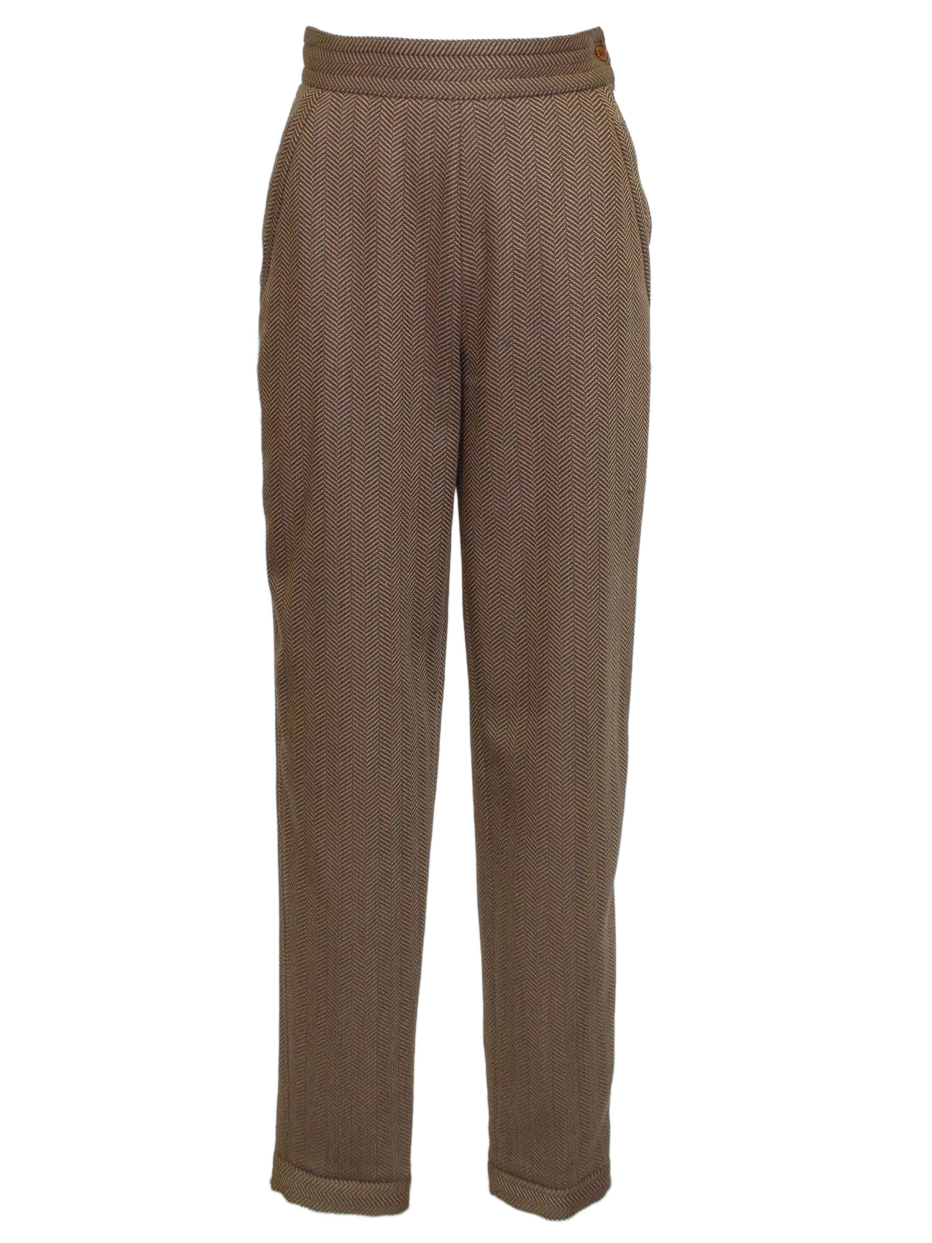 Women's 1980s Armani Brown Collarless Jacket and Chevron Wool Pants Set For Sale