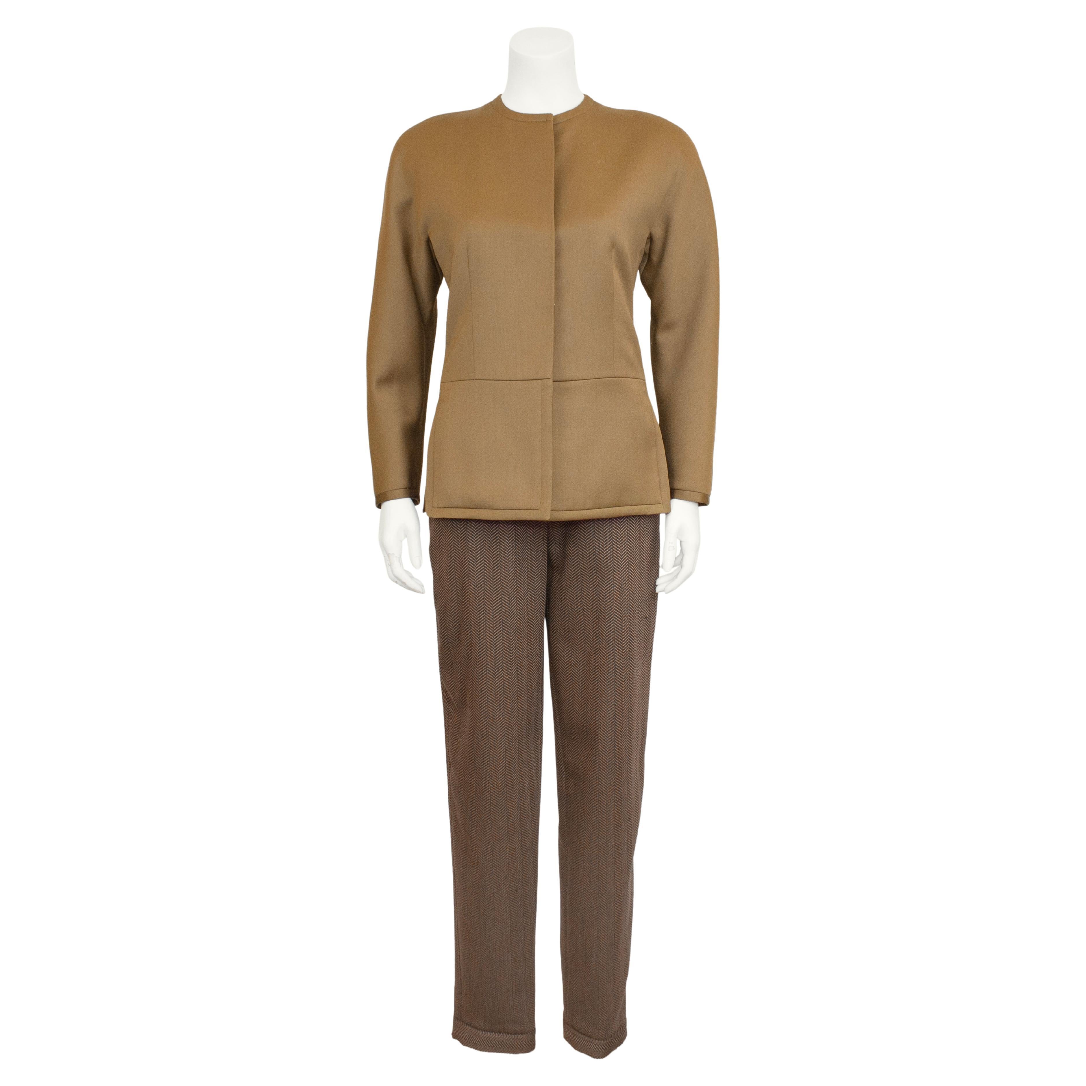 1980s Armani Brown Collarless Jacket and Chevron Wool Pants Set For Sale
