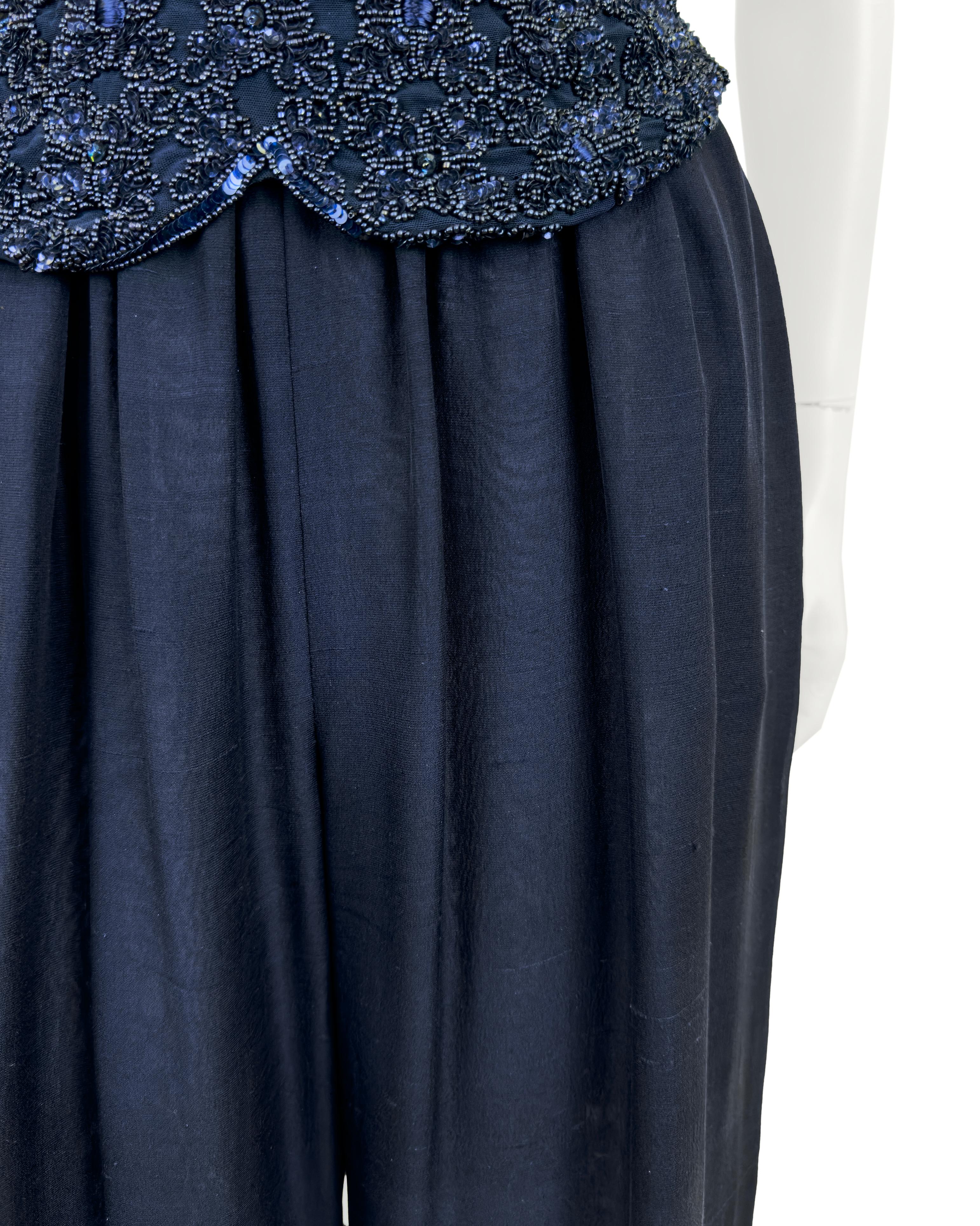 1980s Armani Midnight Blue Evening Ensemble with Sequin Top, Pants and Skirt For Sale 5