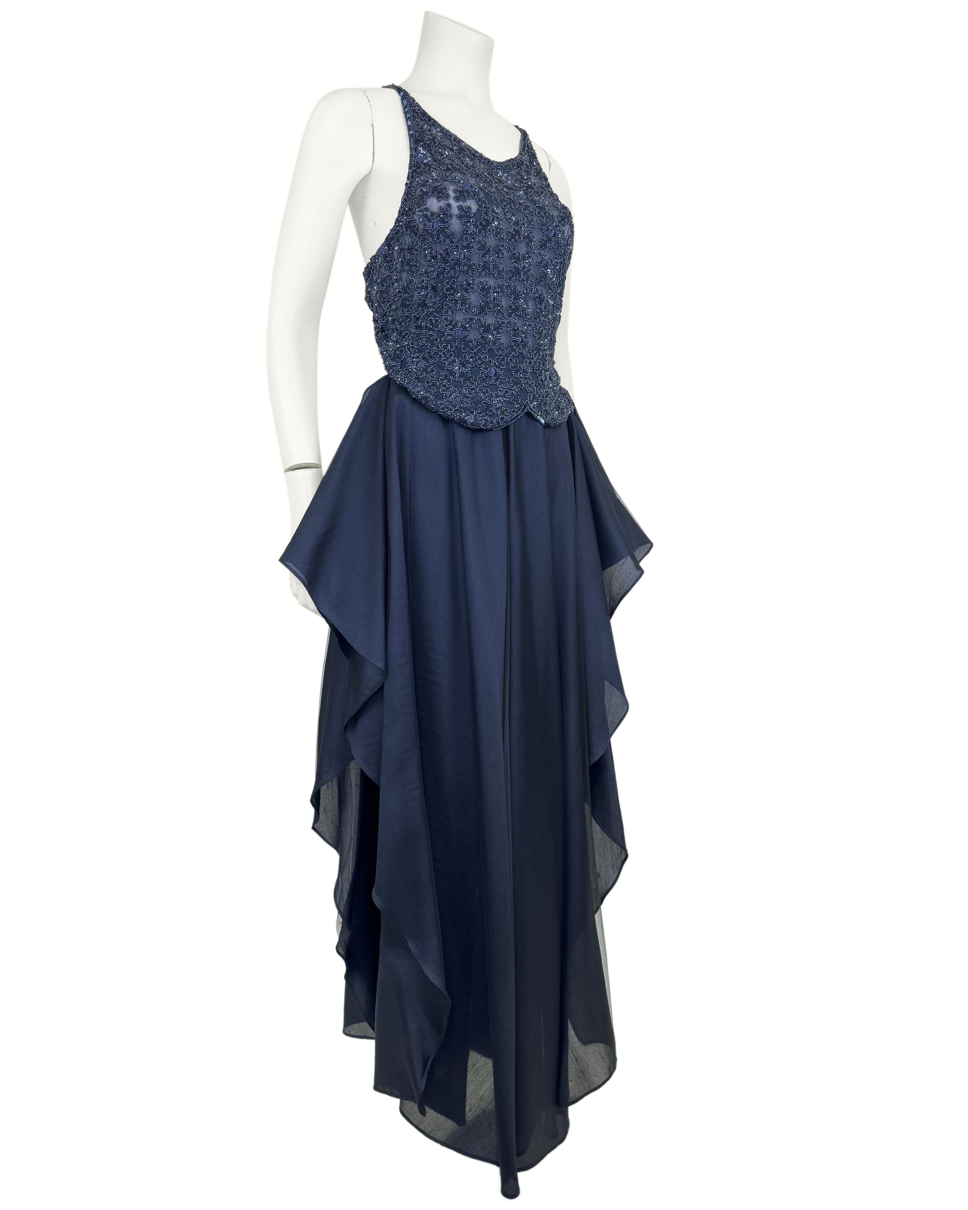 Black 1980s Armani Midnight Blue Evening Ensemble with Sequin Top, Pants and Skirt For Sale