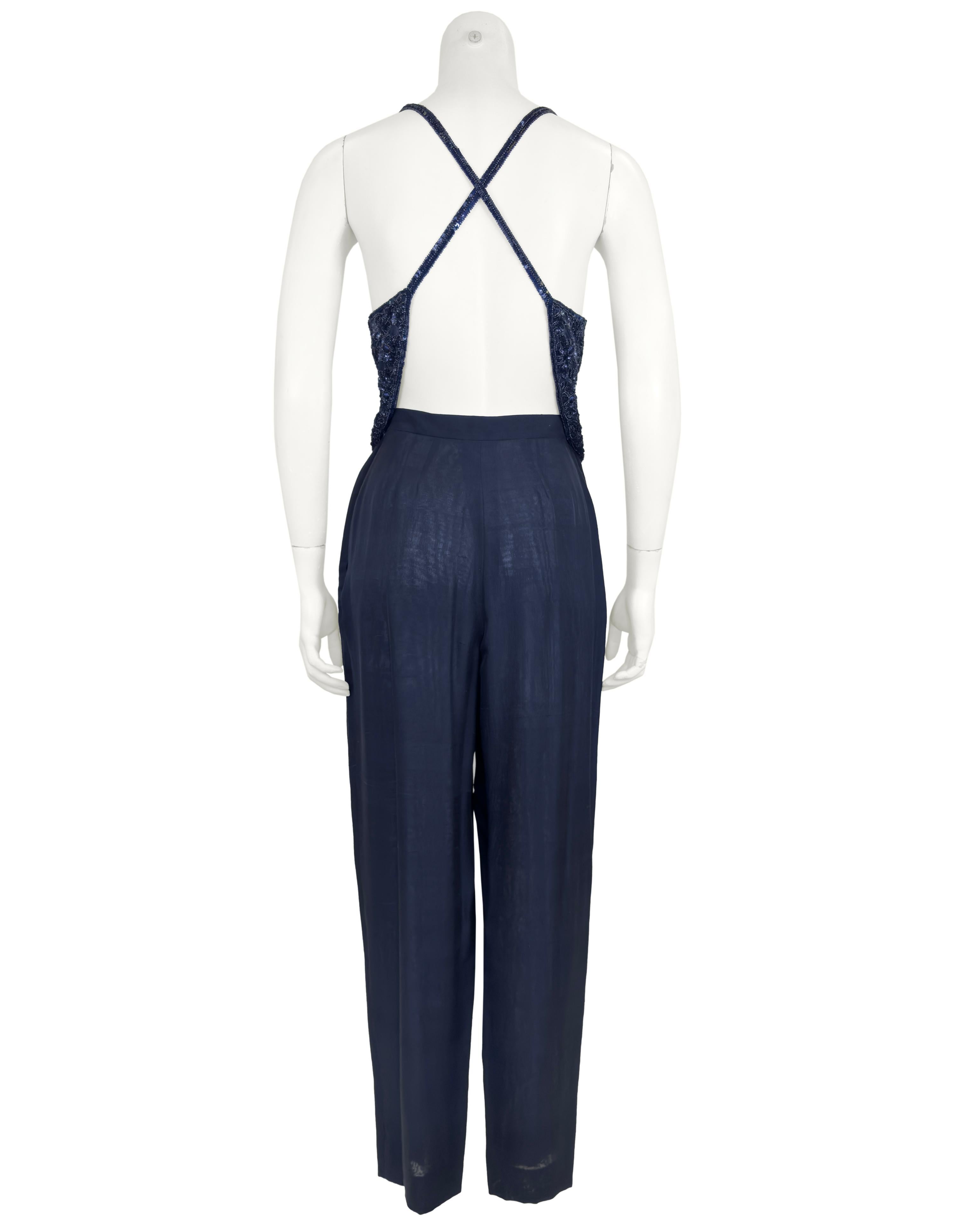 1980s Armani Midnight Blue Evening Ensemble with Sequin Top, Pants and Skirt In Good Condition For Sale In Toronto, Ontario