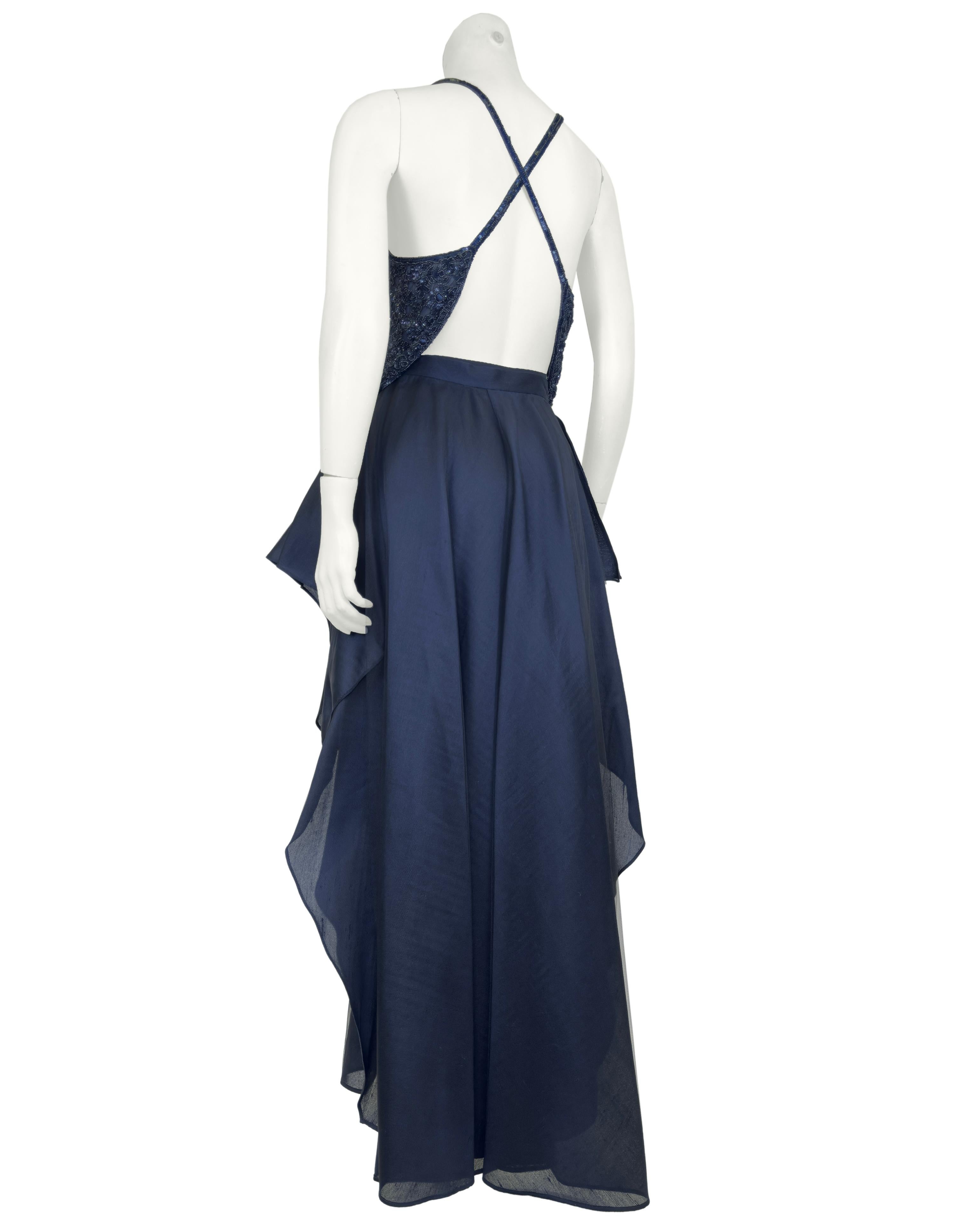 Women's 1980s Armani Midnight Blue Evening Ensemble with Sequin Top, Pants and Skirt For Sale