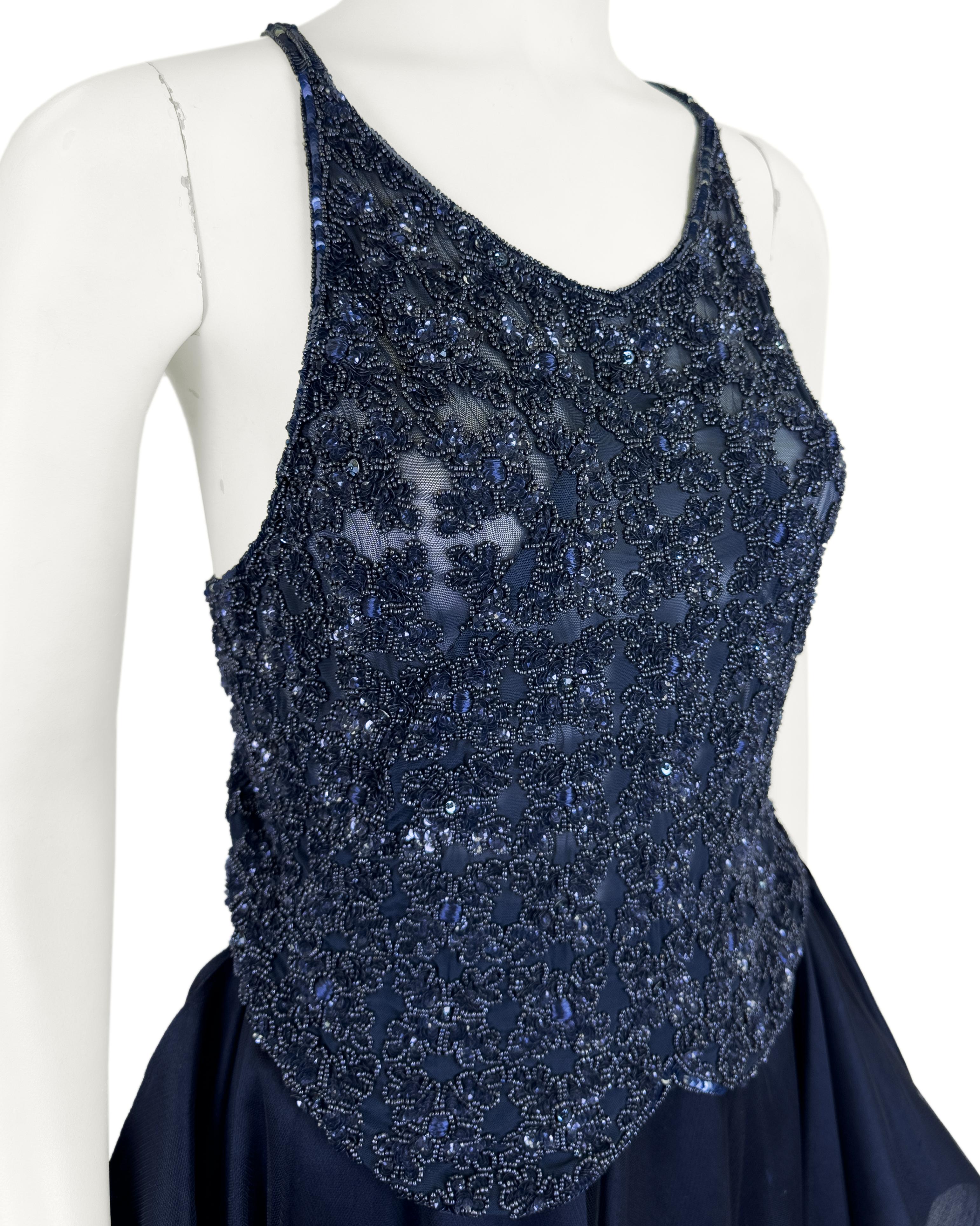 1980s Armani Midnight Blue Evening Ensemble with Sequin Top, Pants and Skirt For Sale 2