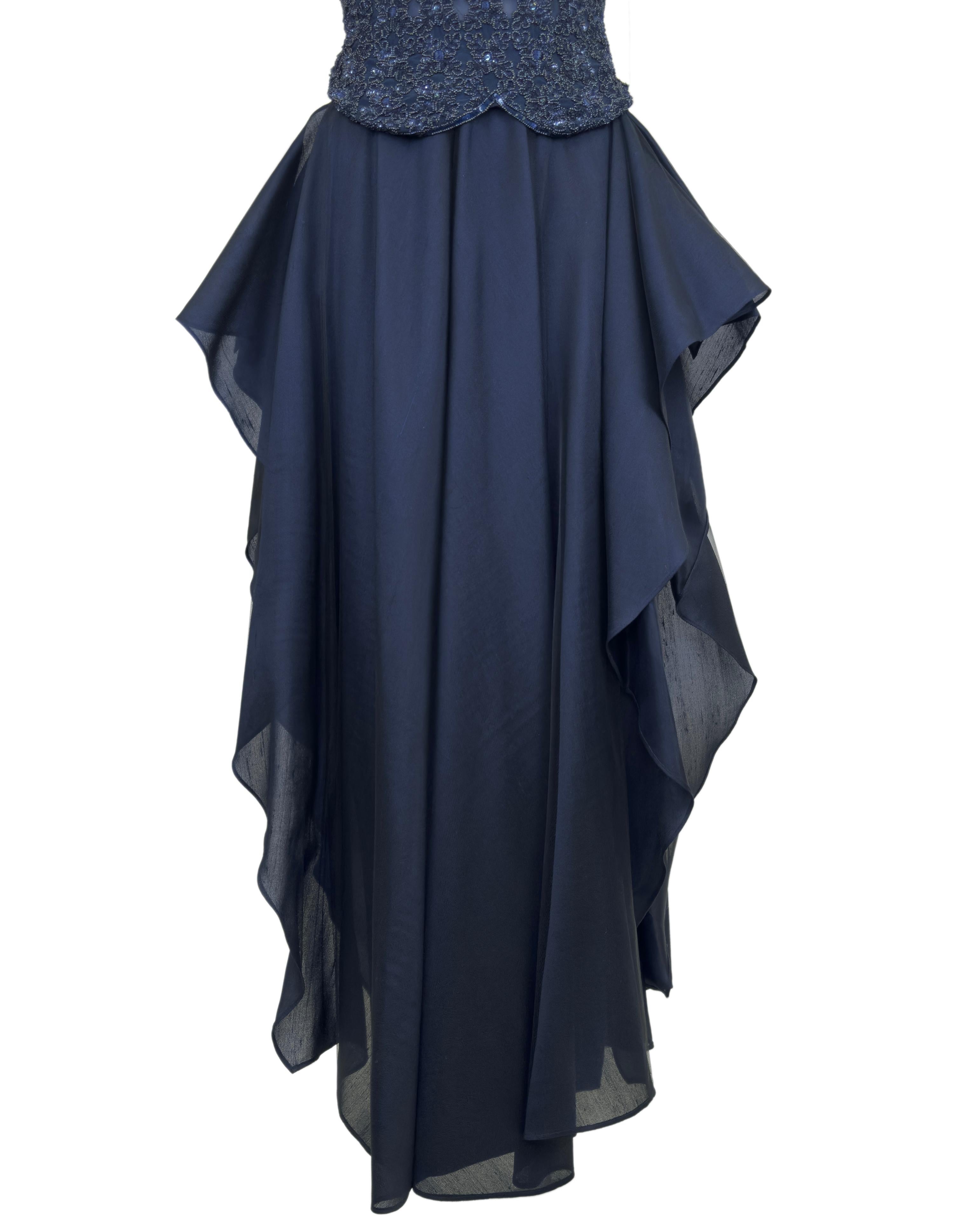 1980s Armani Midnight Blue Evening Ensemble with Sequin Top, Pants and Skirt For Sale 3