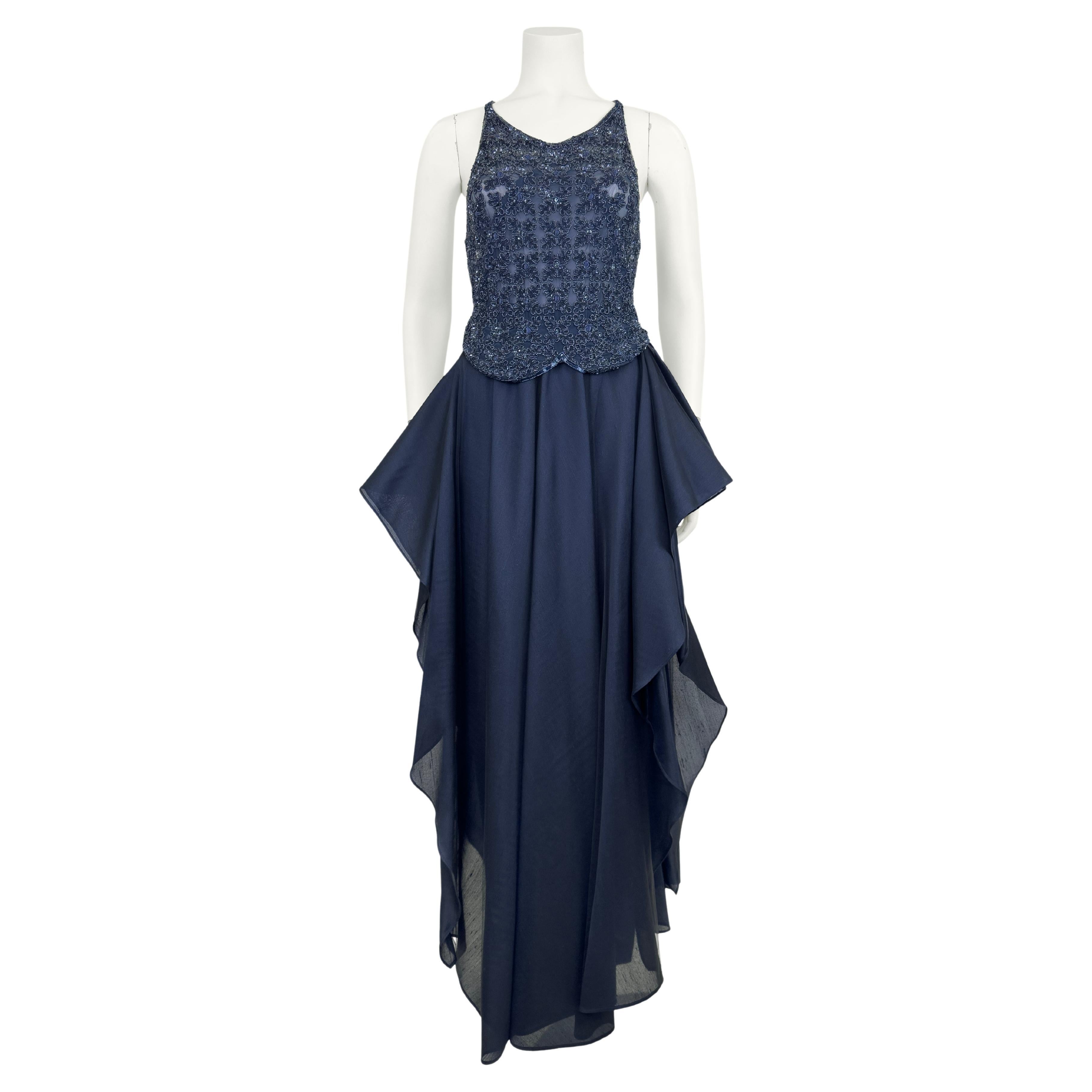 1980s Armani Midnight Blue Evening Ensemble with Sequin Top, Pants and Skirt For Sale