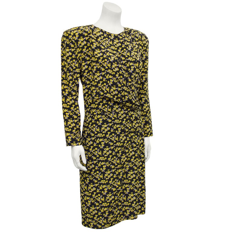 1980s Armani Navy and Yellow Floral Chintz Dress at 1stDibs