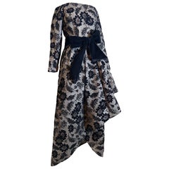 1980s Arnold Scaasi Black Velvet Flocked Tulle Evening Gown Asymmetrical Hem 1980s Arnold Scaasi Black Velvet Flocked Tulle Evening Gown Asymmetrical Hem