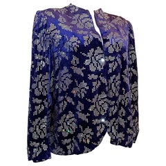 Giacca in velluto con panni di seta viola cobalto di Arnold Scaasi degli anni '80 con rose in strass