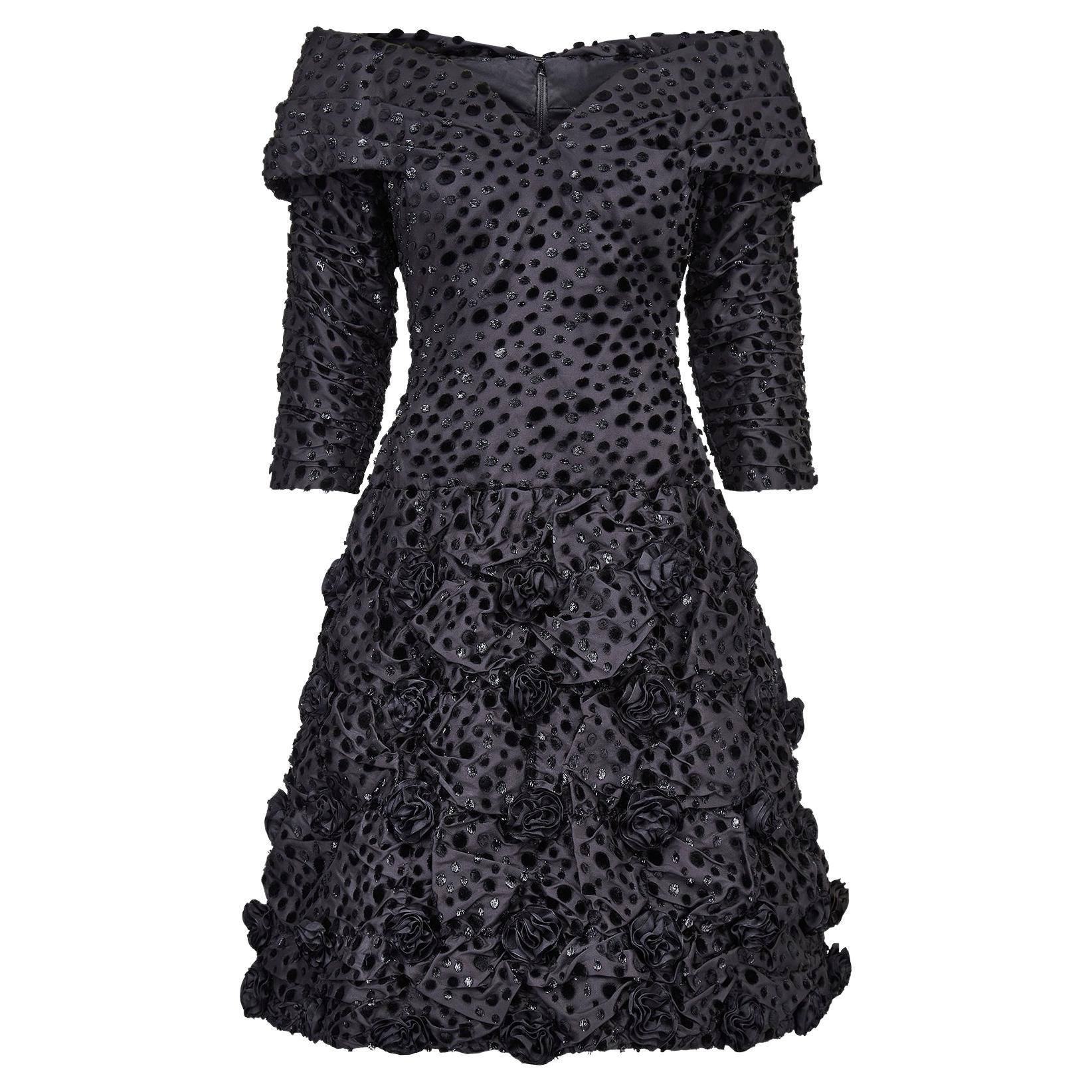 1980s Arnold Scaasi Couture Black Velvet Rosette Dress For Sale