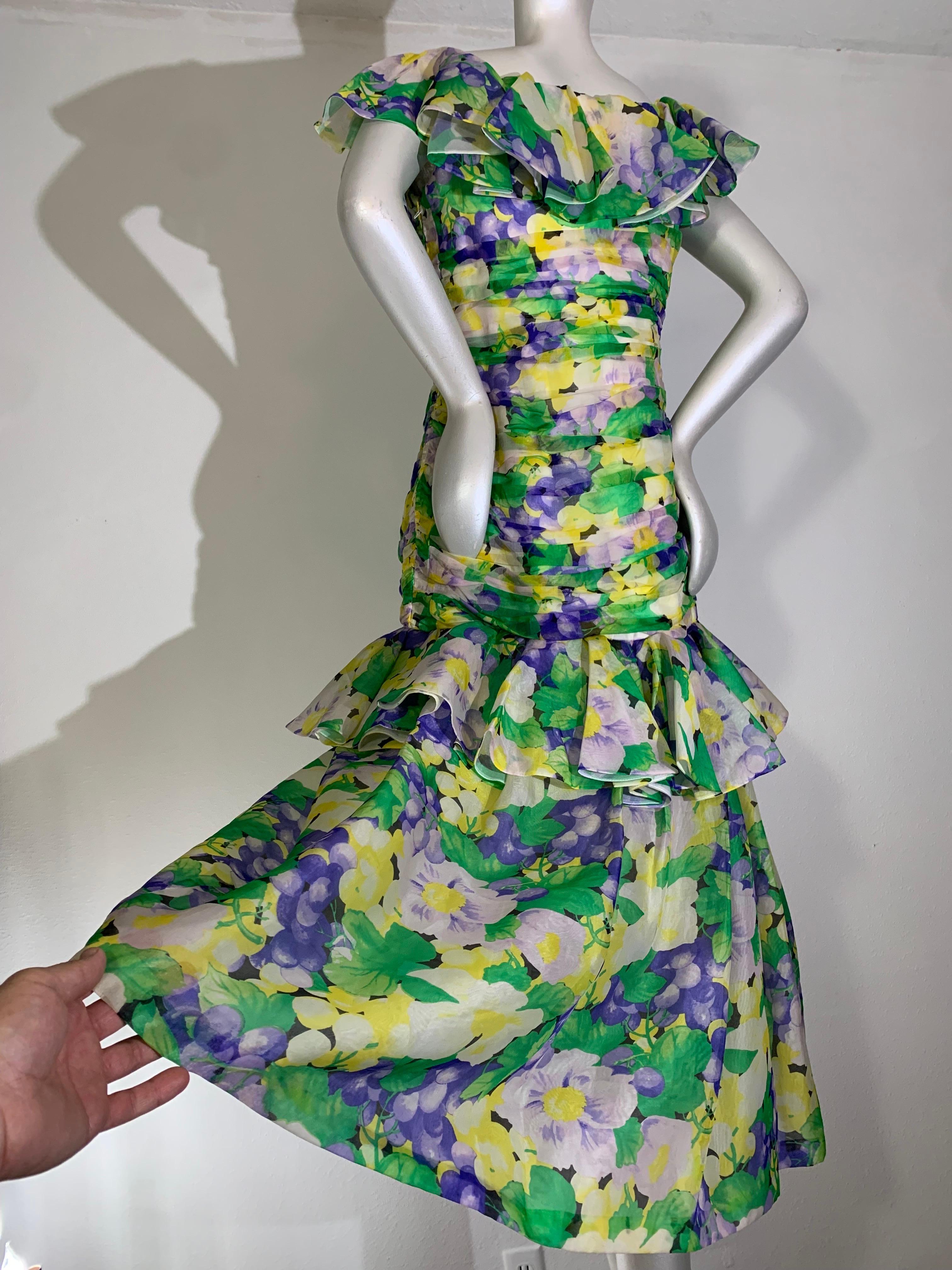 1980s Arnold Scaasi Ruched Silk Organza Summer Floral Print Evening Gown For Sale 5