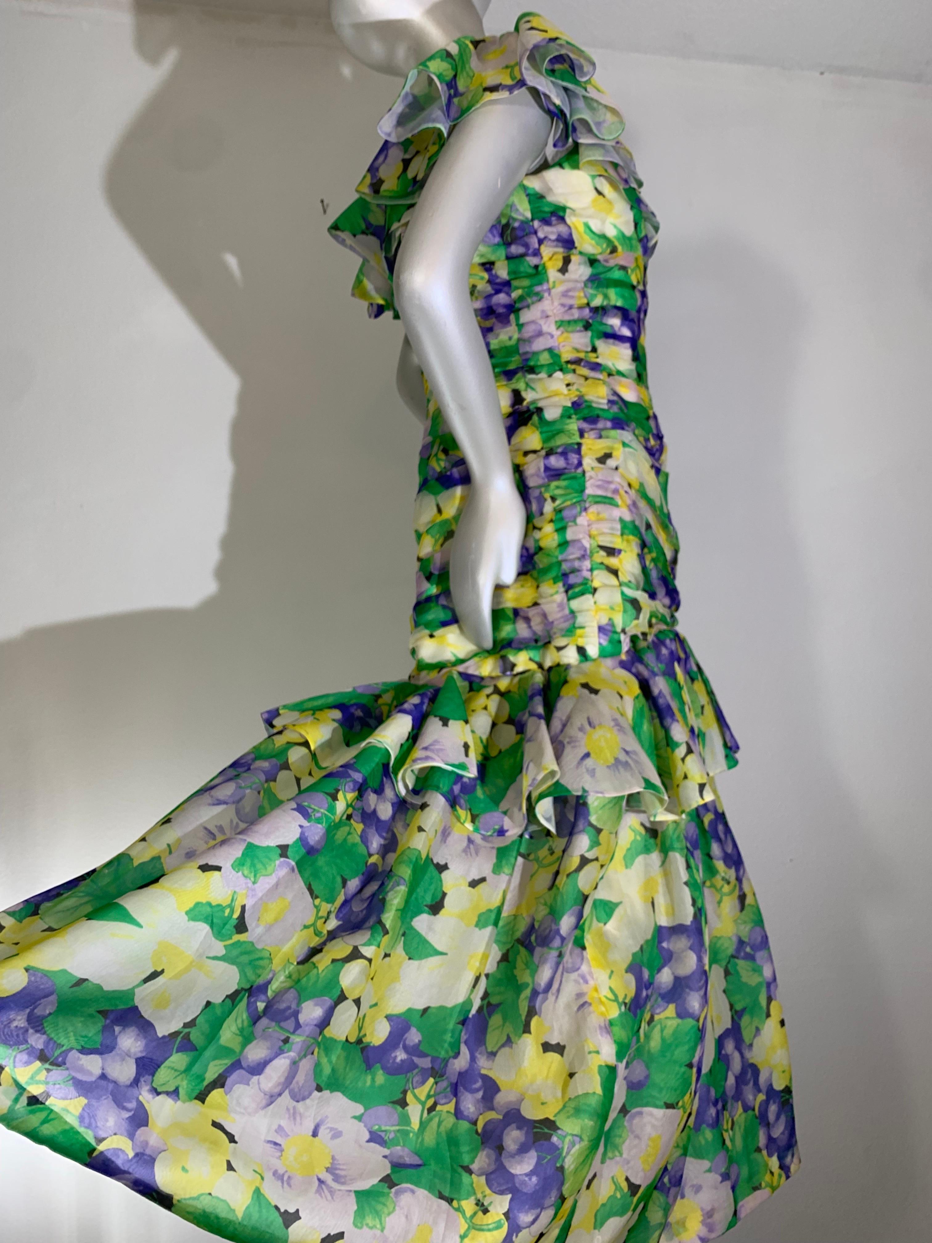 1980s Arnold Scaasi Ruched Silk Organza Summer Floral Print Evening Gown For Sale 6