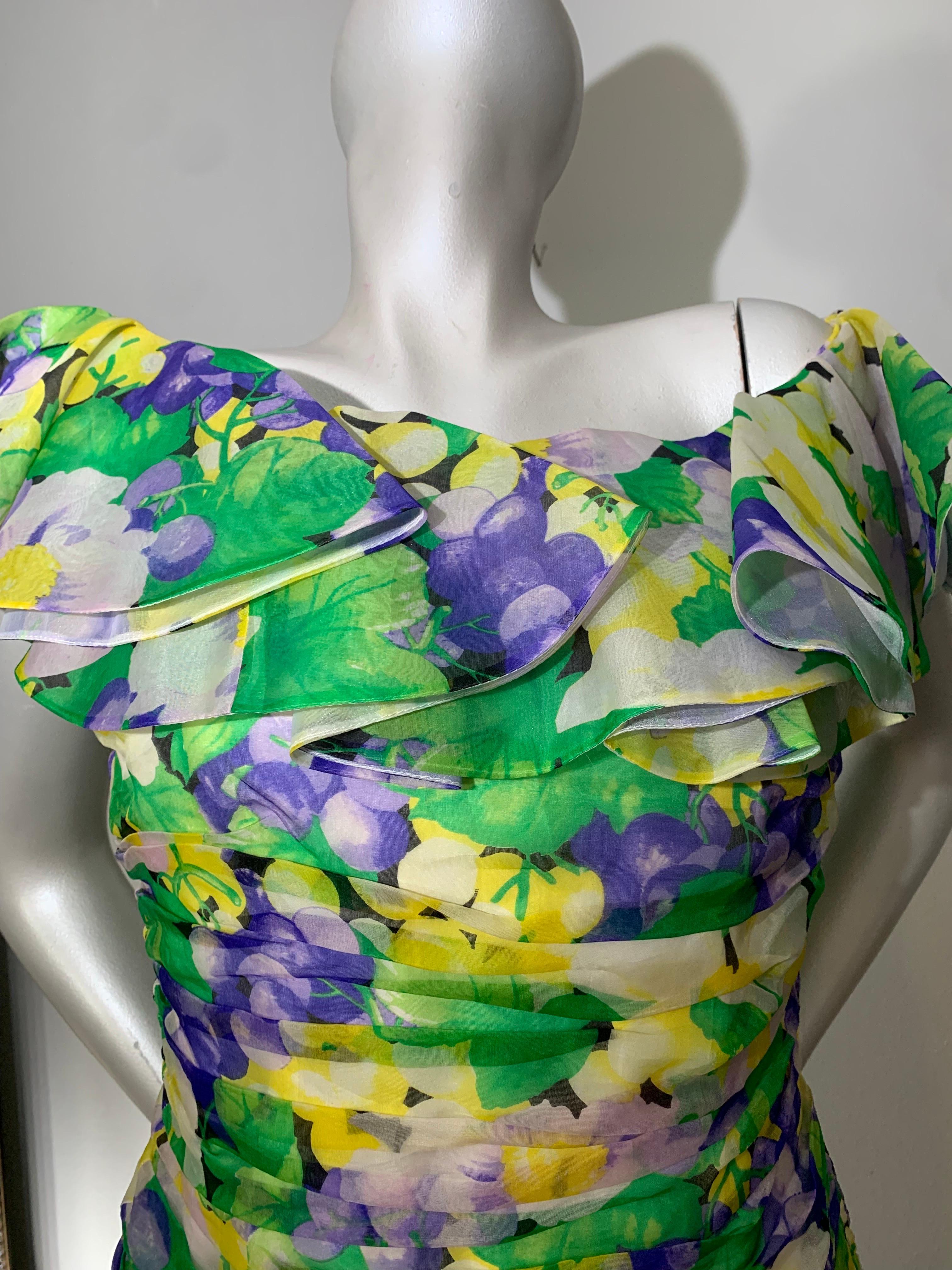 1980s Arnold Scaasi Ruched Silk Organza Summer Floral Print Evening Gown For Sale 8