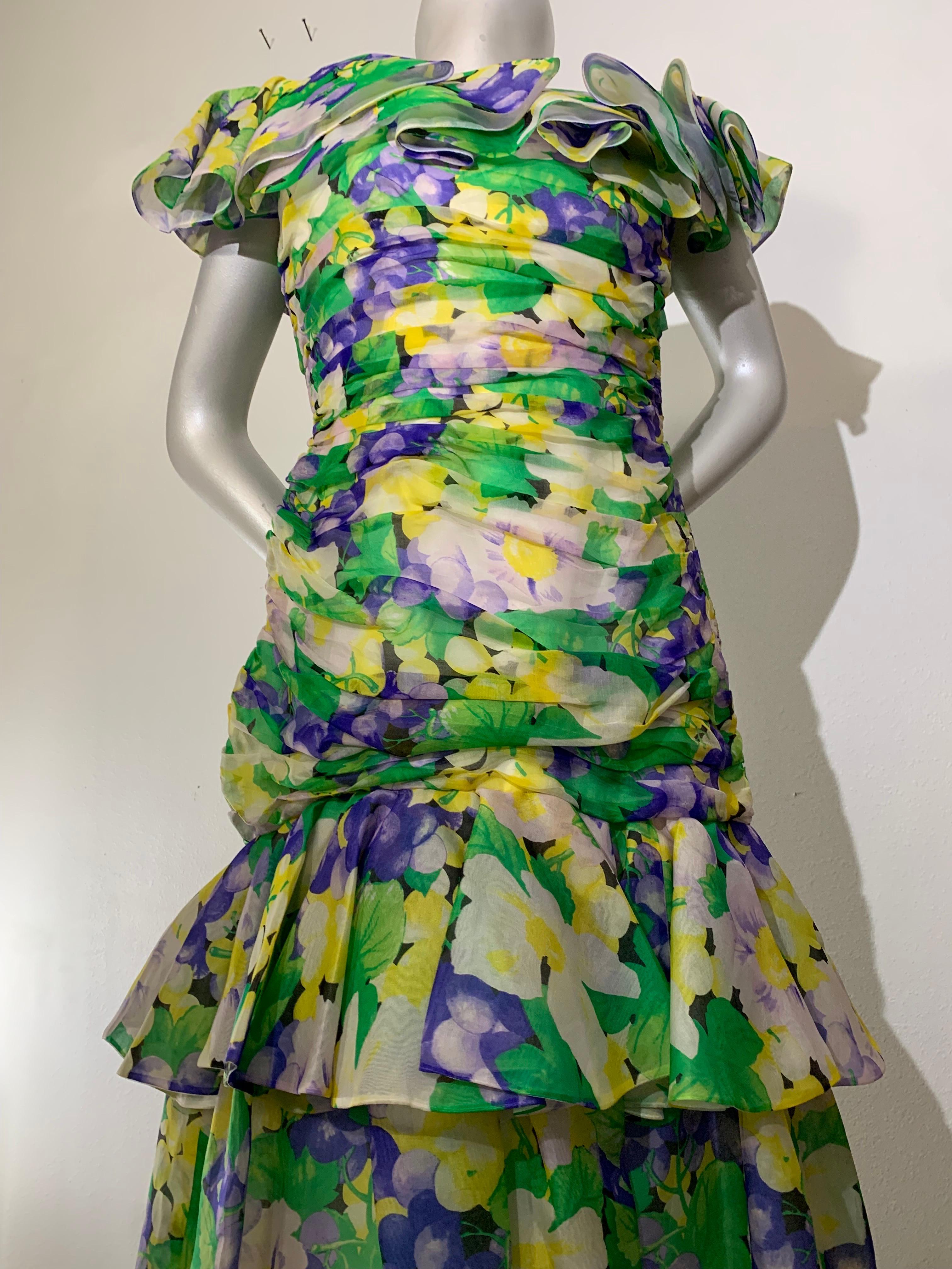 1980s Arnold Scaasi Ruched Silk Organza Summer Floral Print Evening Gown For Sale 10