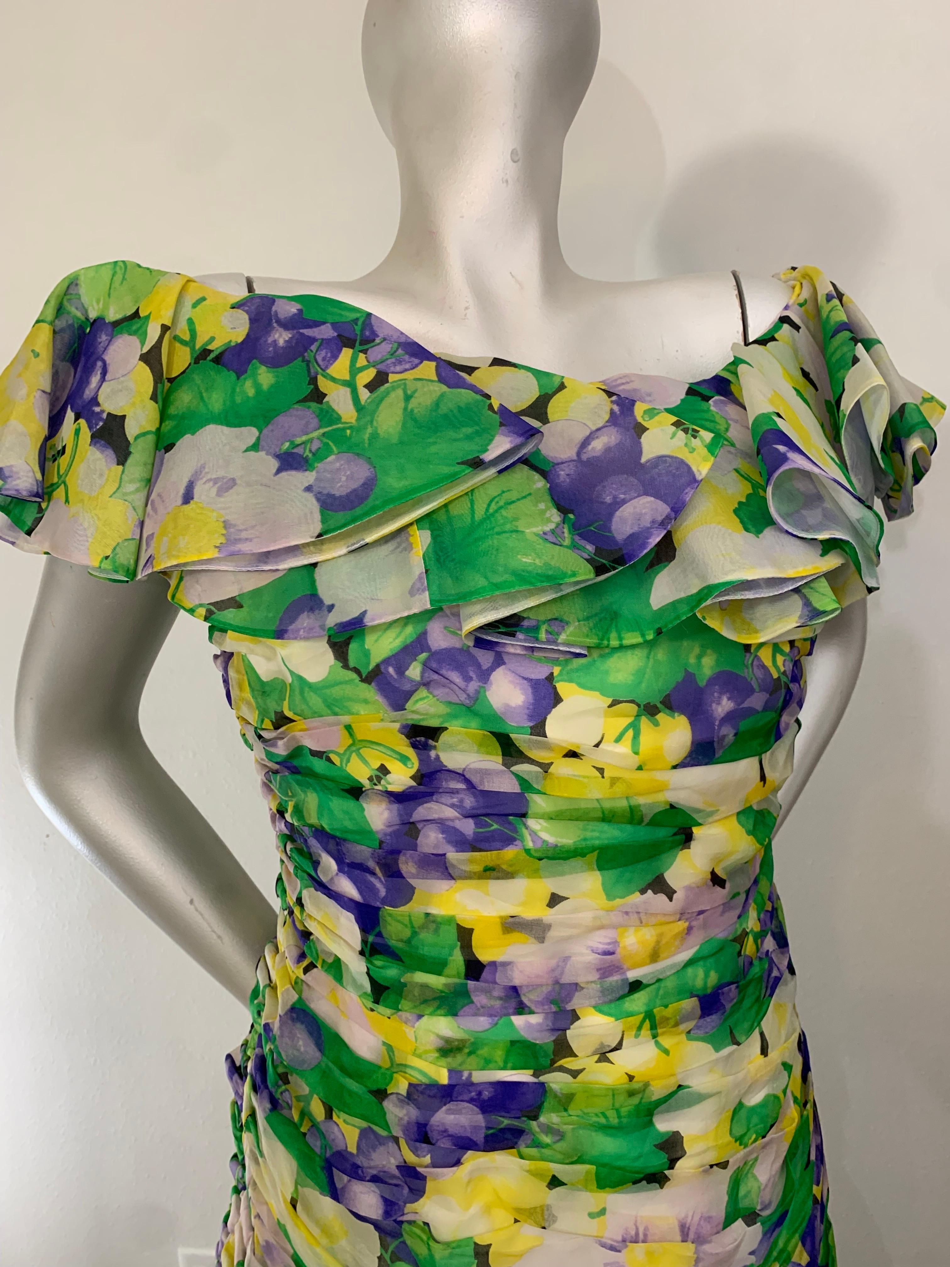 1980s Arnold Scaasi Ruched Silk Organza Summer Floral Print Evening Gown For Sale 11