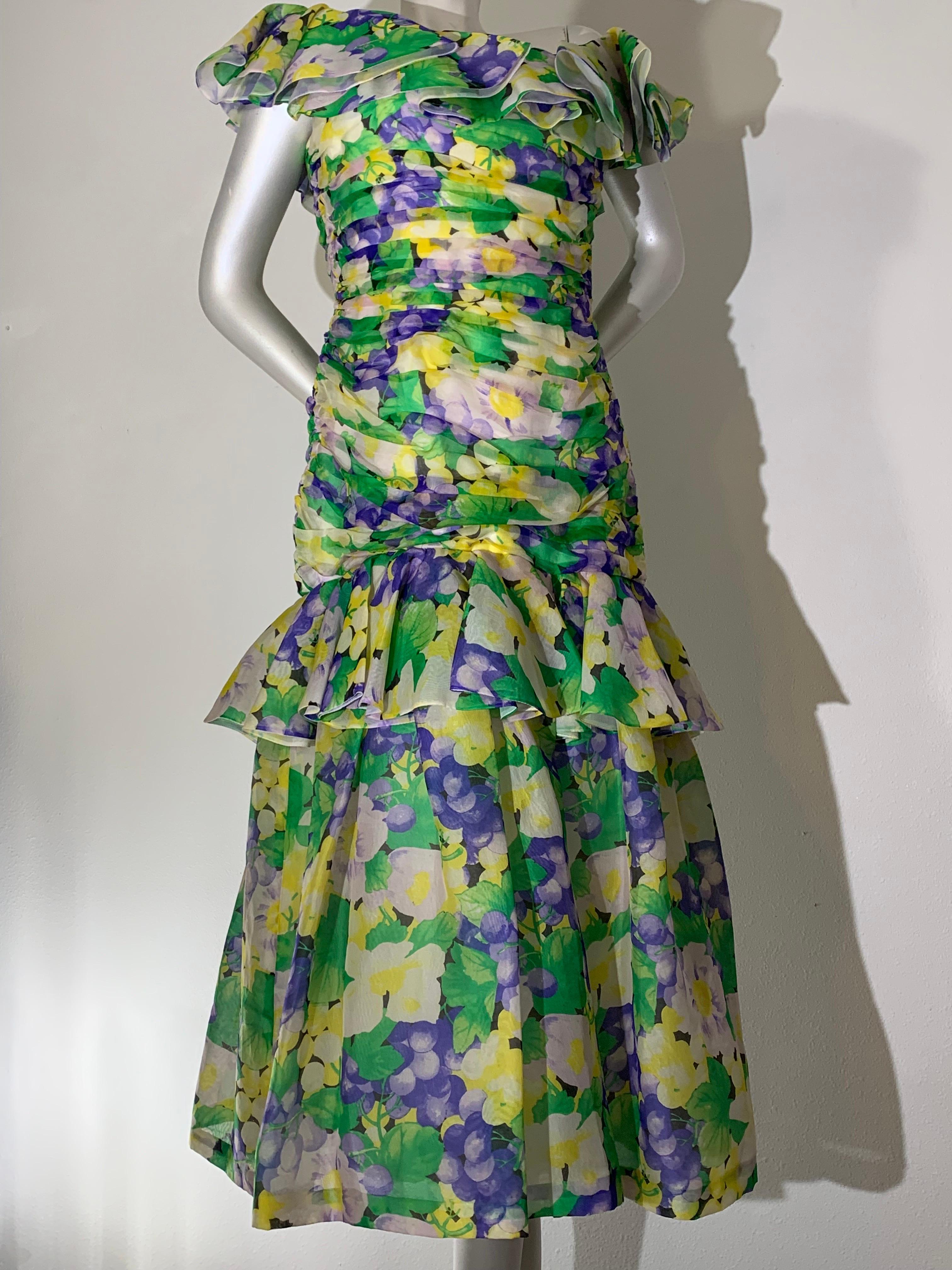 Gray 1980s Arnold Scaasi Ruched Silk Organza Summer Floral Print Evening Gown For Sale