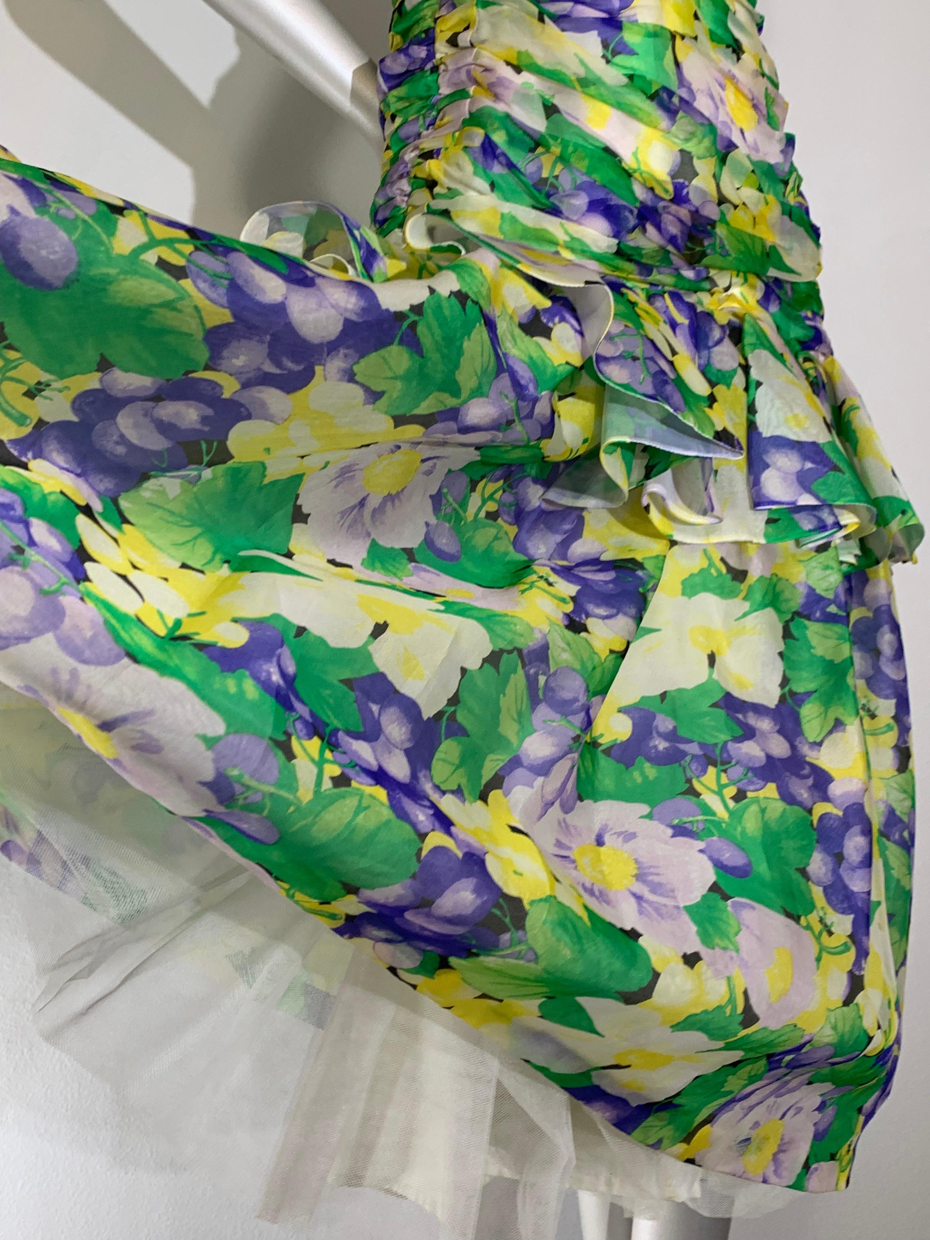 1980s Arnold Scaasi Ruched Silk Organza Summer Floral Print Evening Gown In Excellent Condition For Sale In Gresham, OR