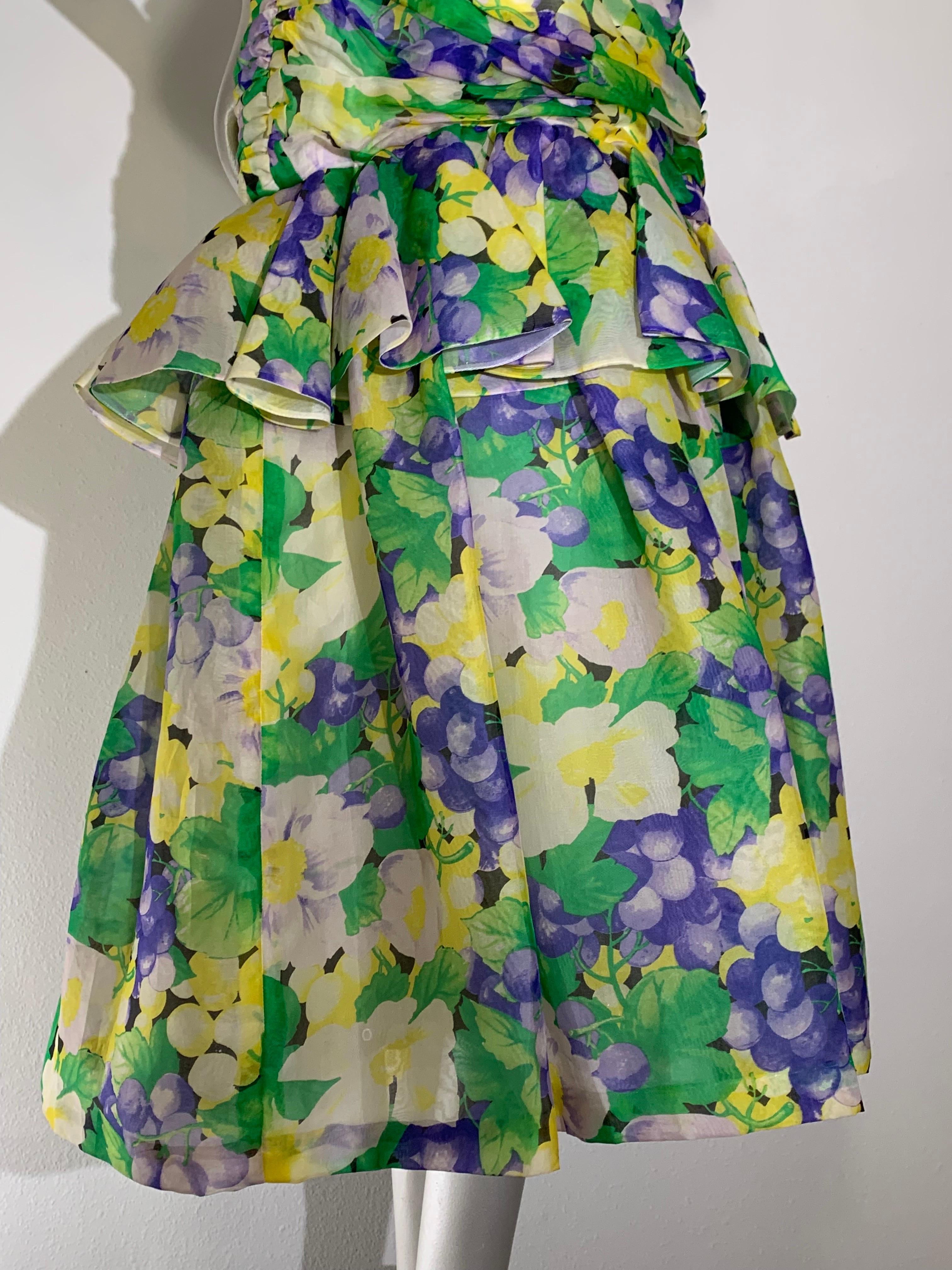 Women's 1980s Arnold Scaasi Ruched Silk Organza Summer Floral Print Evening Gown For Sale