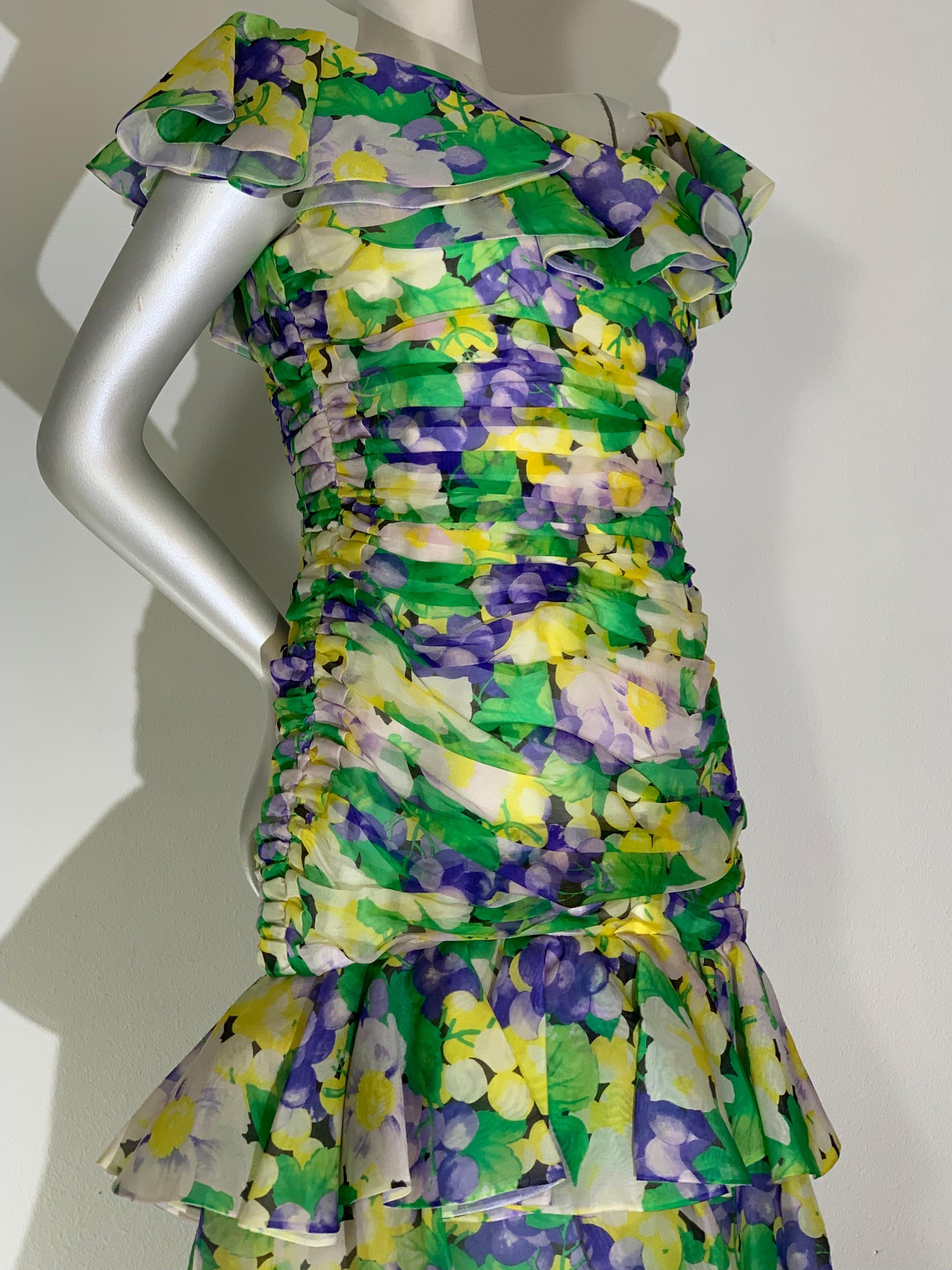 1980s Arnold Scaasi Ruched Silk Organza Summer Floral Print Evening Gown For Sale 1