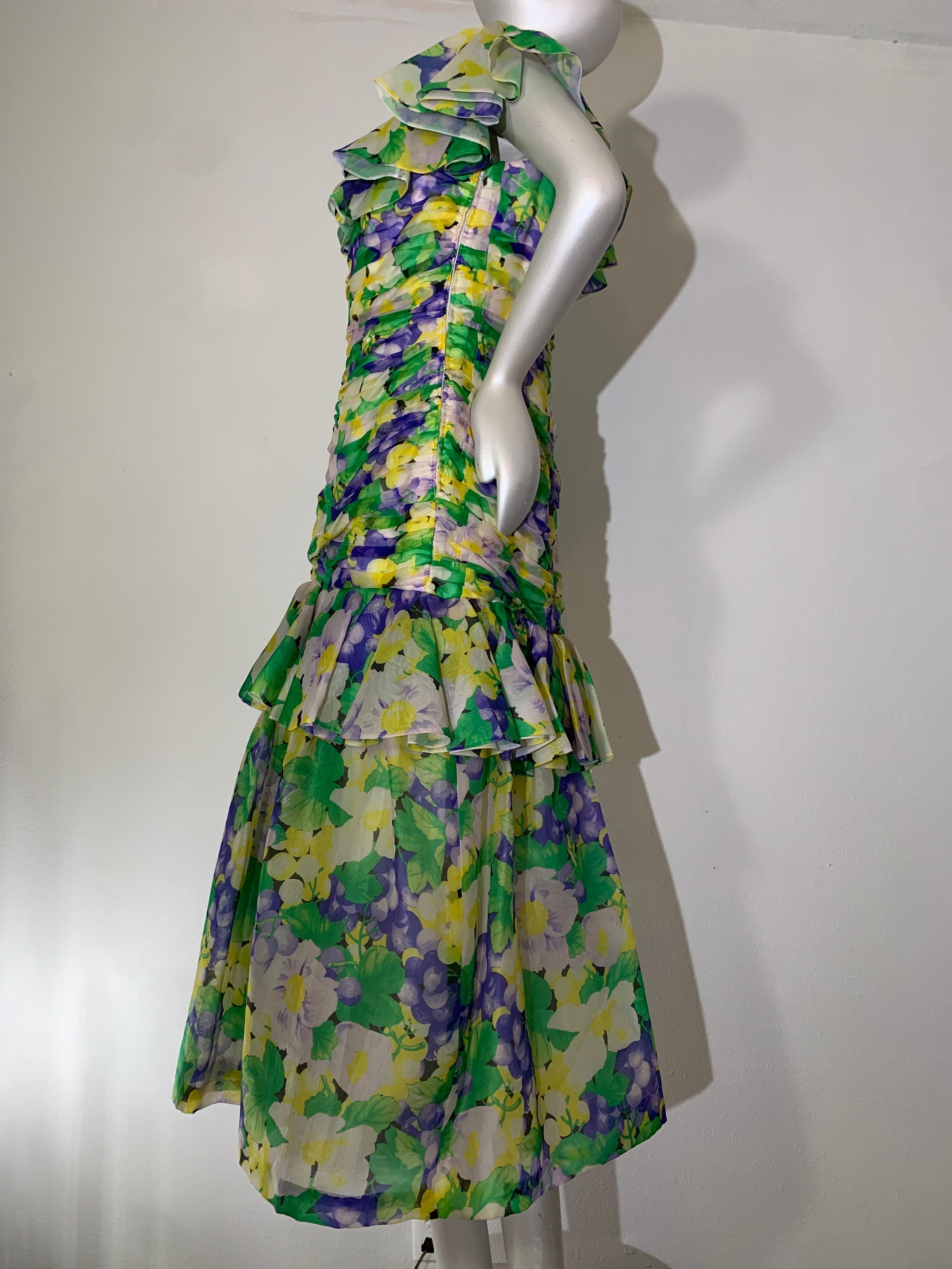 1980s Arnold Scaasi Ruched Silk Organza Summer Floral Print Evening Gown For Sale 2