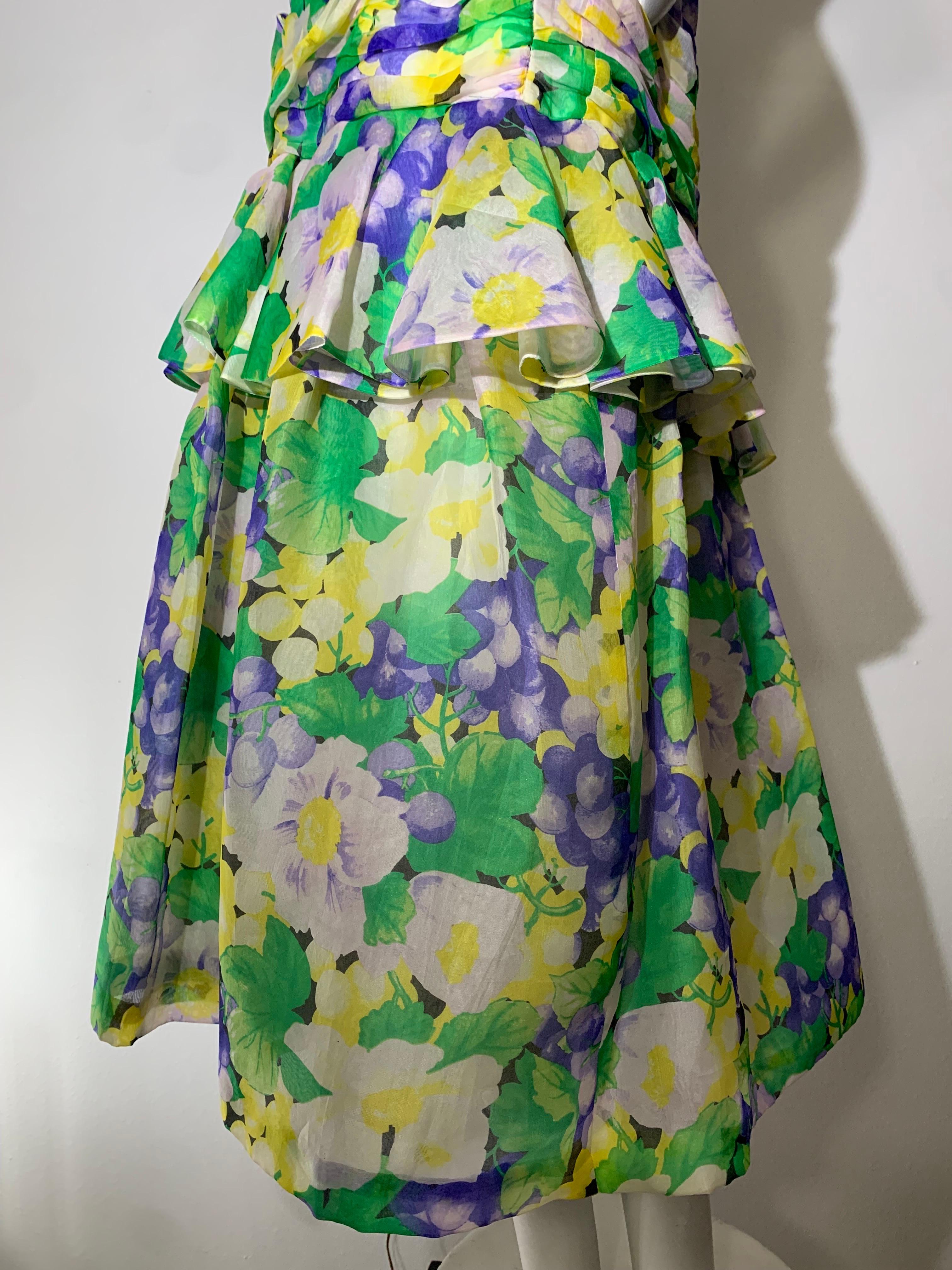 1980s Arnold Scaasi Ruched Silk Organza Summer Floral Print Evening Gown For Sale 3