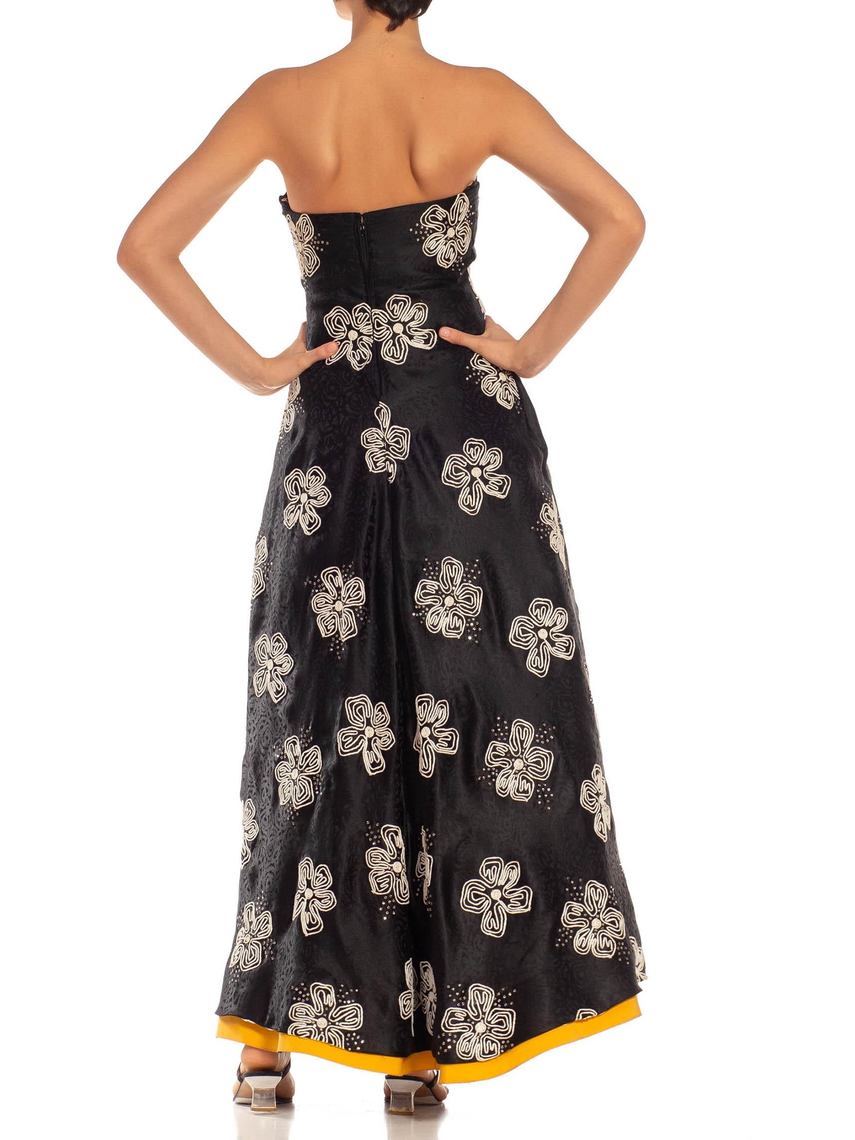 1980S ARNOLD SCASSI Black Strapless Silk Gown With White Floral Embroidery & Cry 2