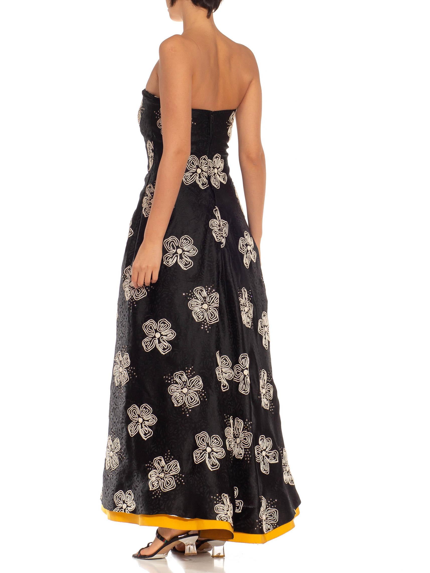 1980S ARNOLD SCASSI Black Strapless Silk Gown With White Floral Embroidery & Cry 3