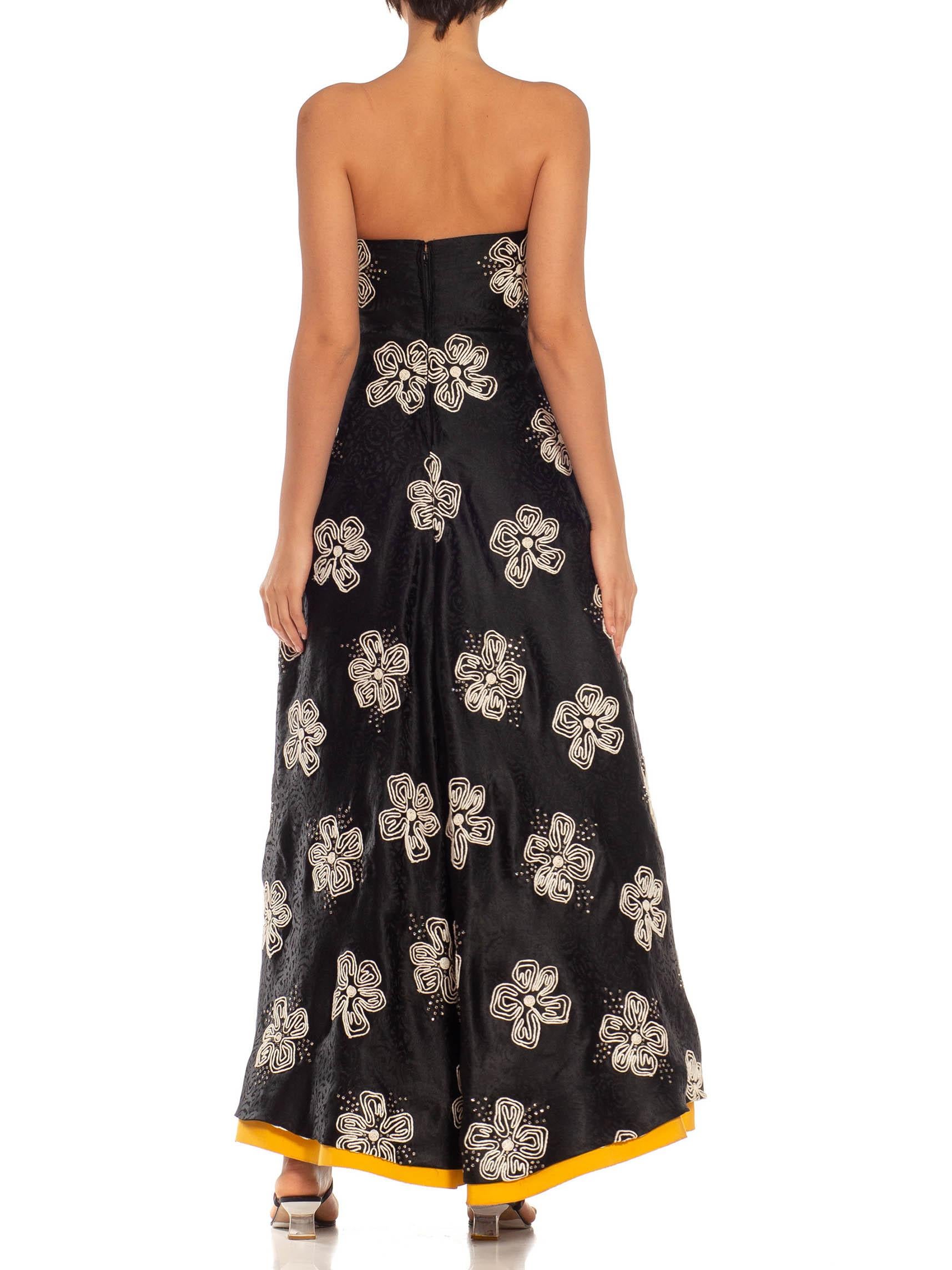 1980S ARNOLD SCASSI Black Strapless Silk Gown With White Floral Embroidery & Cry 4