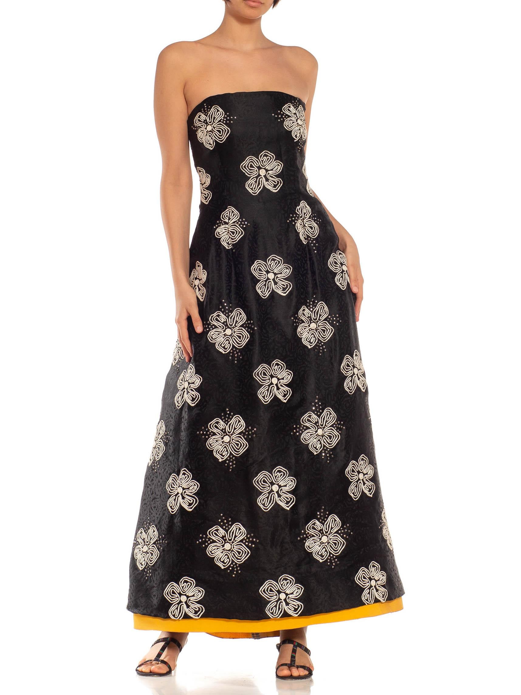 1980S ARNOLD SCASSI Black Strapless Silk Gown With White Floral Embroidery & Cry 5