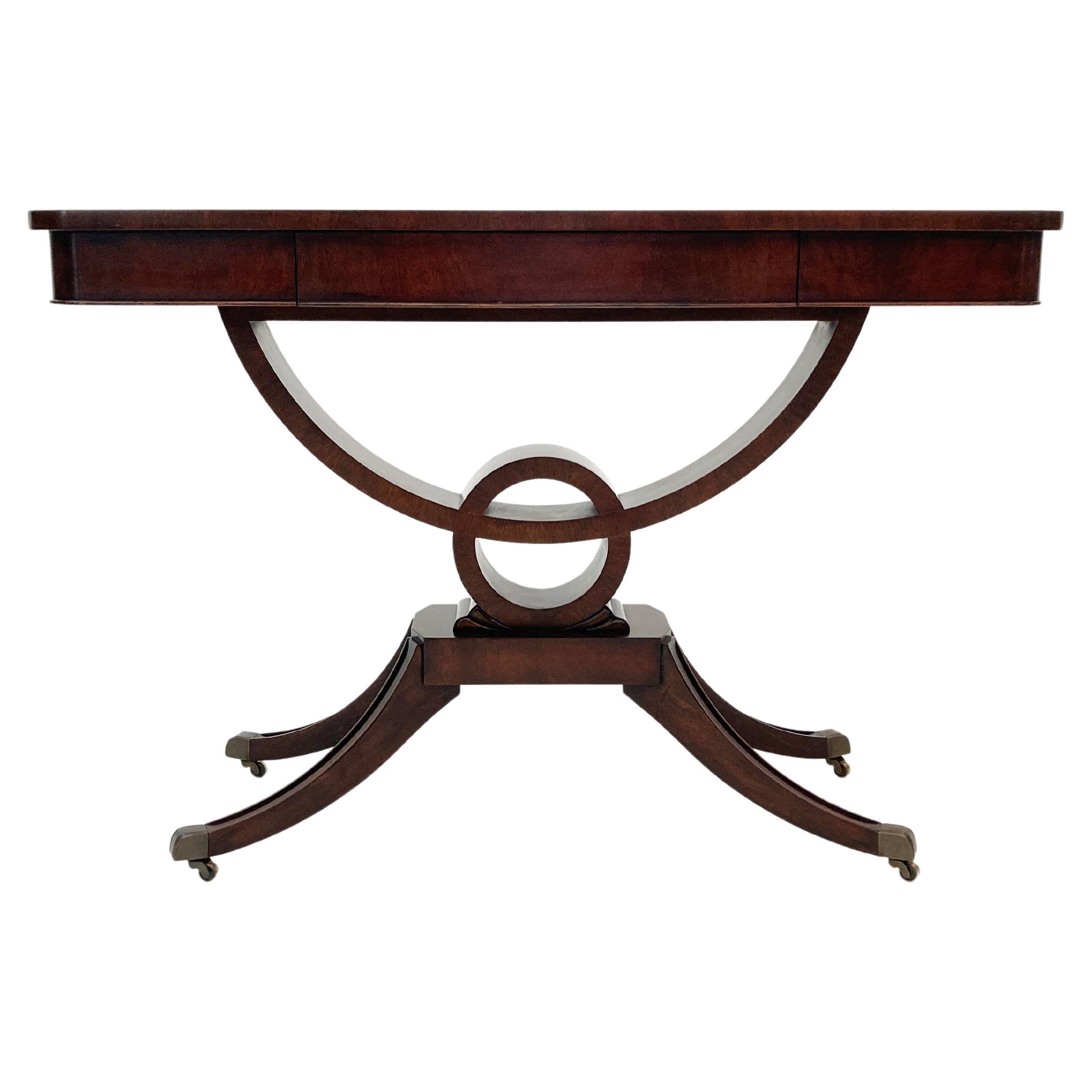 1980s Art Deco/Chinoiserie Style Tiger-Wood Mahogany Console Table by Sherrill For Sale