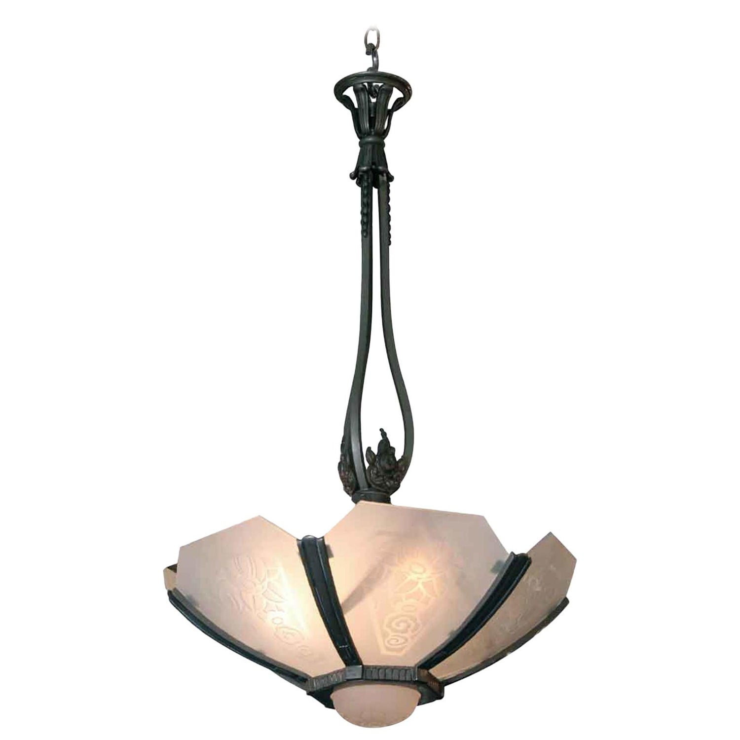1980s Art Deco Glass Bronze Art Nouveau Transitional Deco Pendant Light
