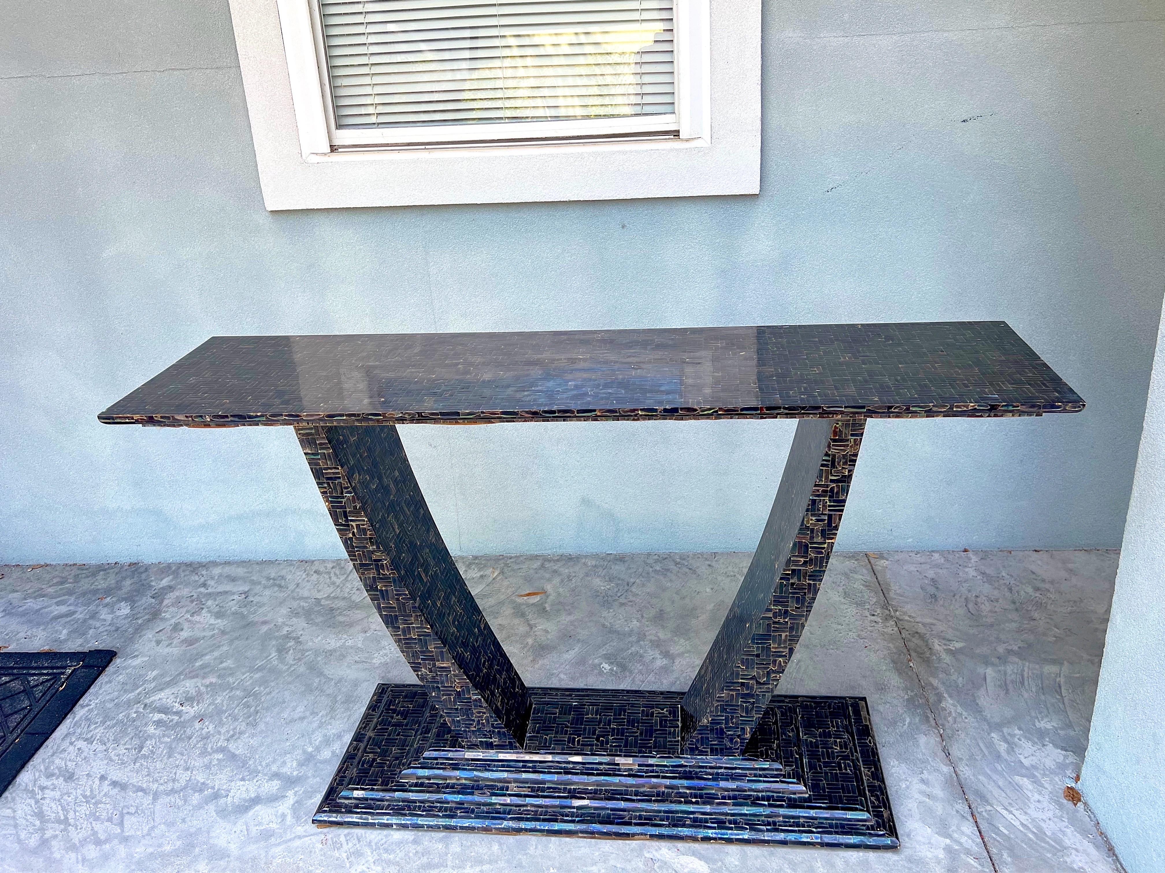 1980s Enrique Garcel style Tessellated Abalone Shell Console Table In Good Condition For Sale In Charleston, SC
