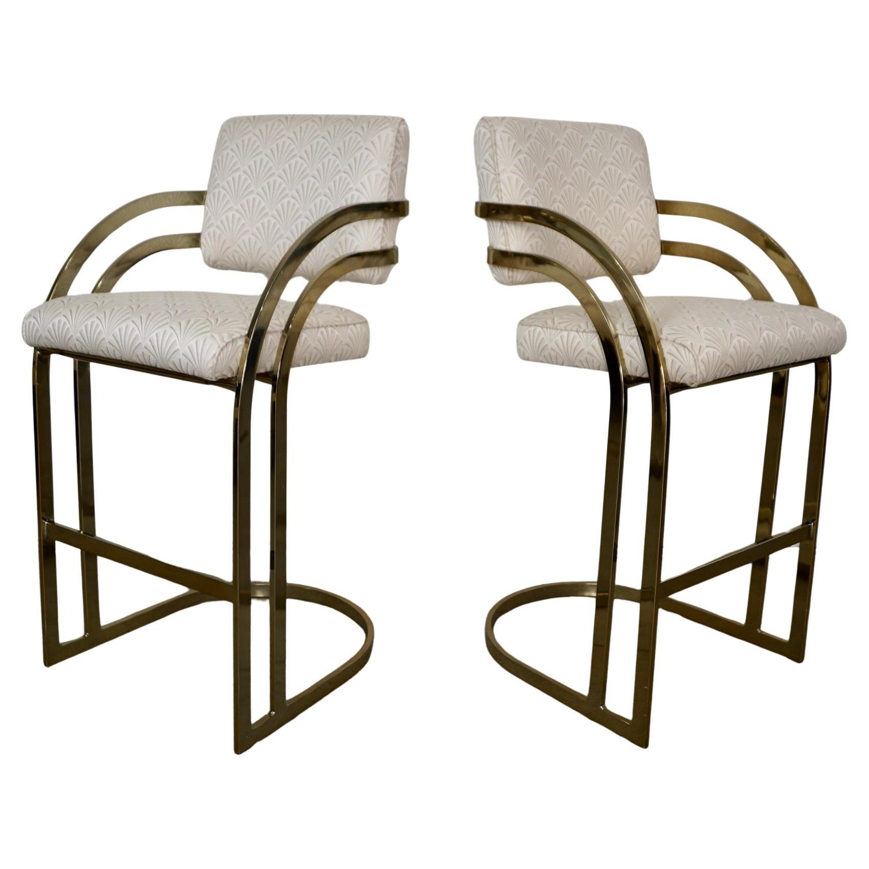 1980's Art Deco Milo Baughman Style Bar Stools - a Pair