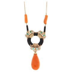 Collana Art Deco Revival anni '80 in oro 14k con smeraldo corallo onice e diamante