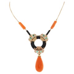 1980s Art Deco Revival 14k Gold Onyx Coral Diamond Emerald Necklace