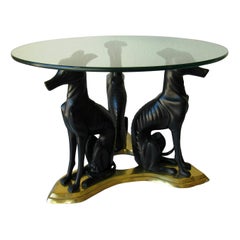 1980s Art Deco Revival Bronzed Italian Greyhound and Brass Trefoil Table
