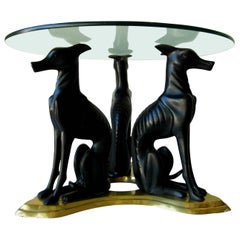 1980s Art Deco Revival Bronzed Italian Greyhound and Brass Trefoil Table