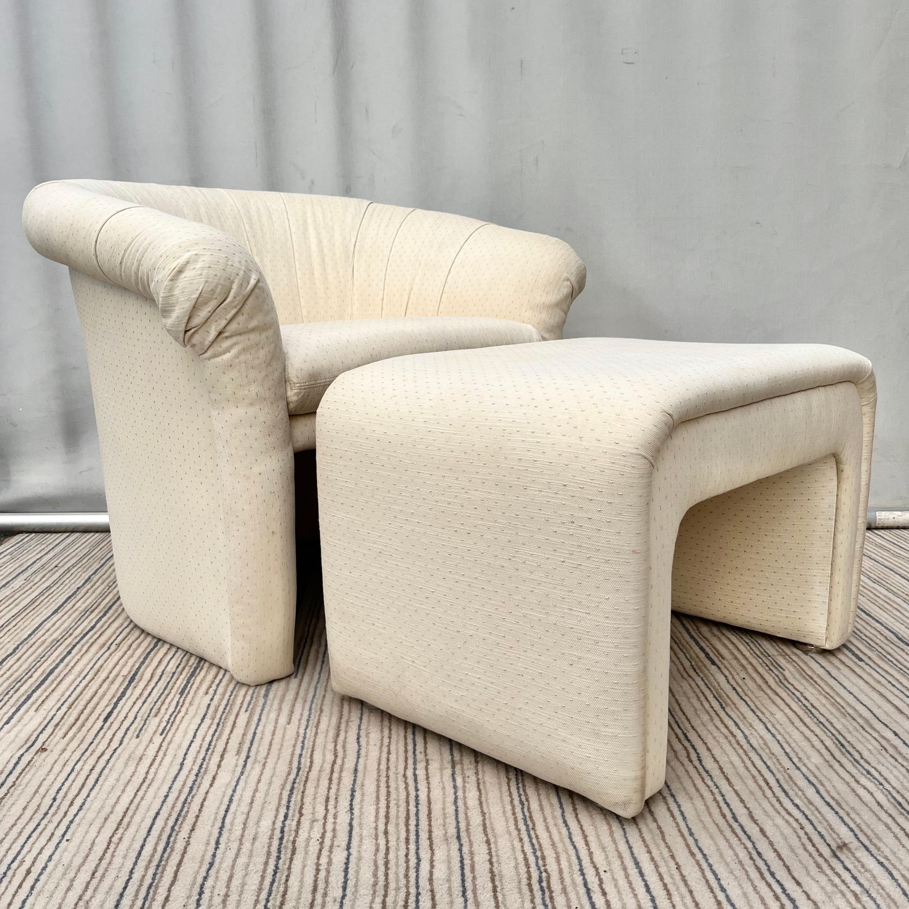 Vintage 1980s Postmodern / Art Deco Revival /Upholstered Lounge Chair With a matching Waterfall Ottoman by Thayer Coggin. Circa 1980s
This set features the original cream color upholstery with soft pastel pinks and teals tones alternate stitching.