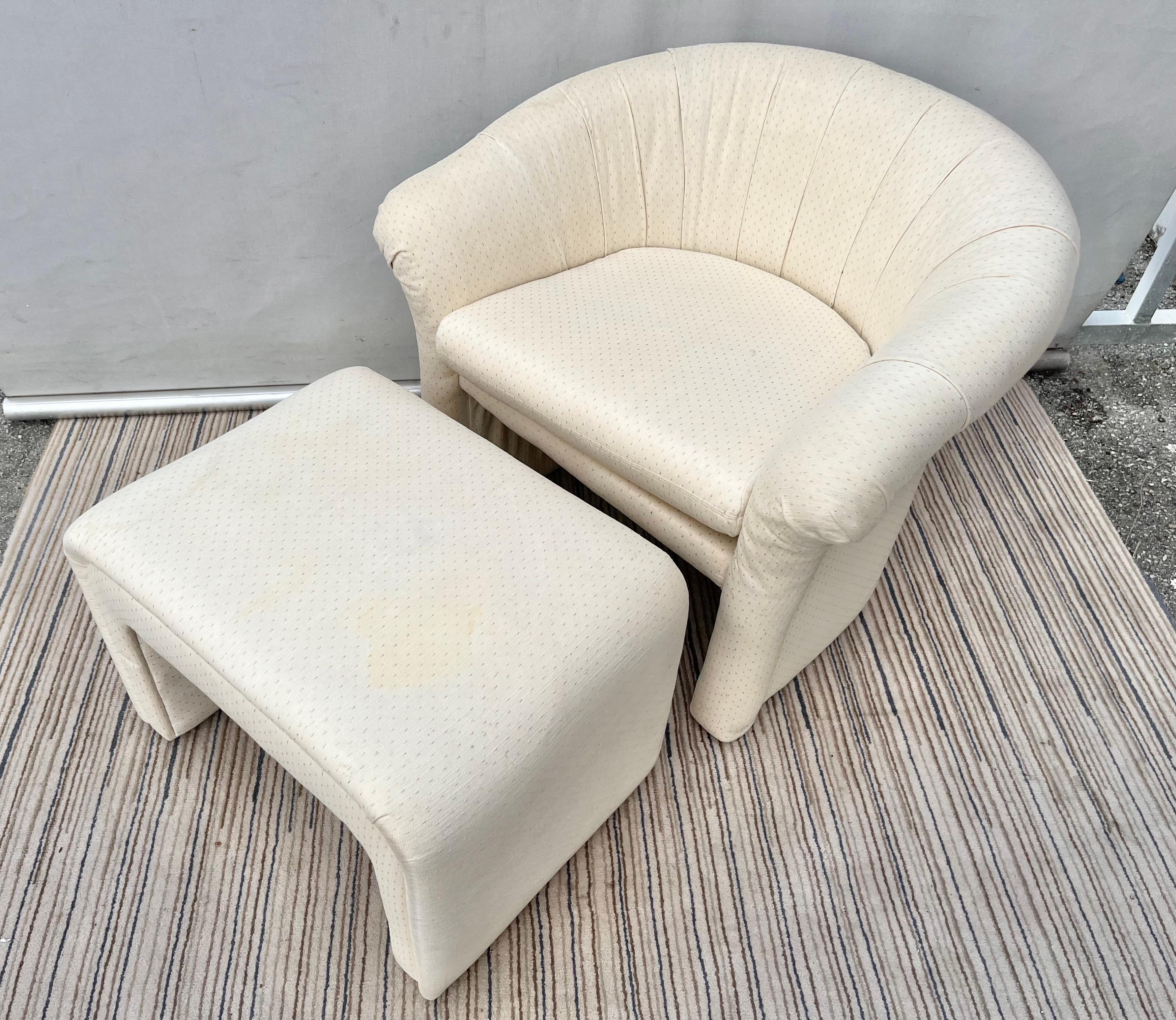 1980s Art Deco Revival Upholstered Lounge Chair with Ottoman by Thayer Coggin In Good Condition For Sale In Miami, FL